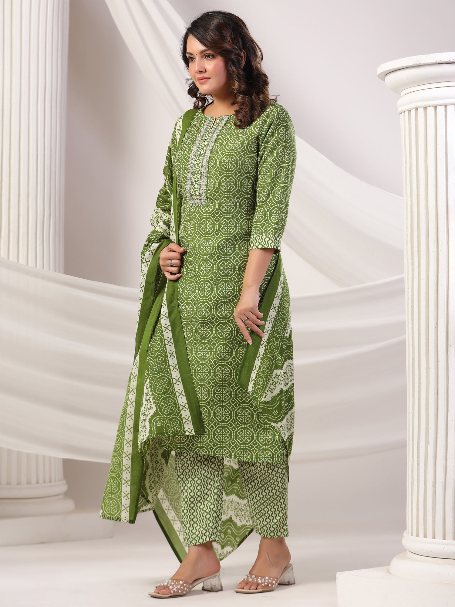 Indo Era Green Printed Straight Kurta Trousers With Dupatta set- IE