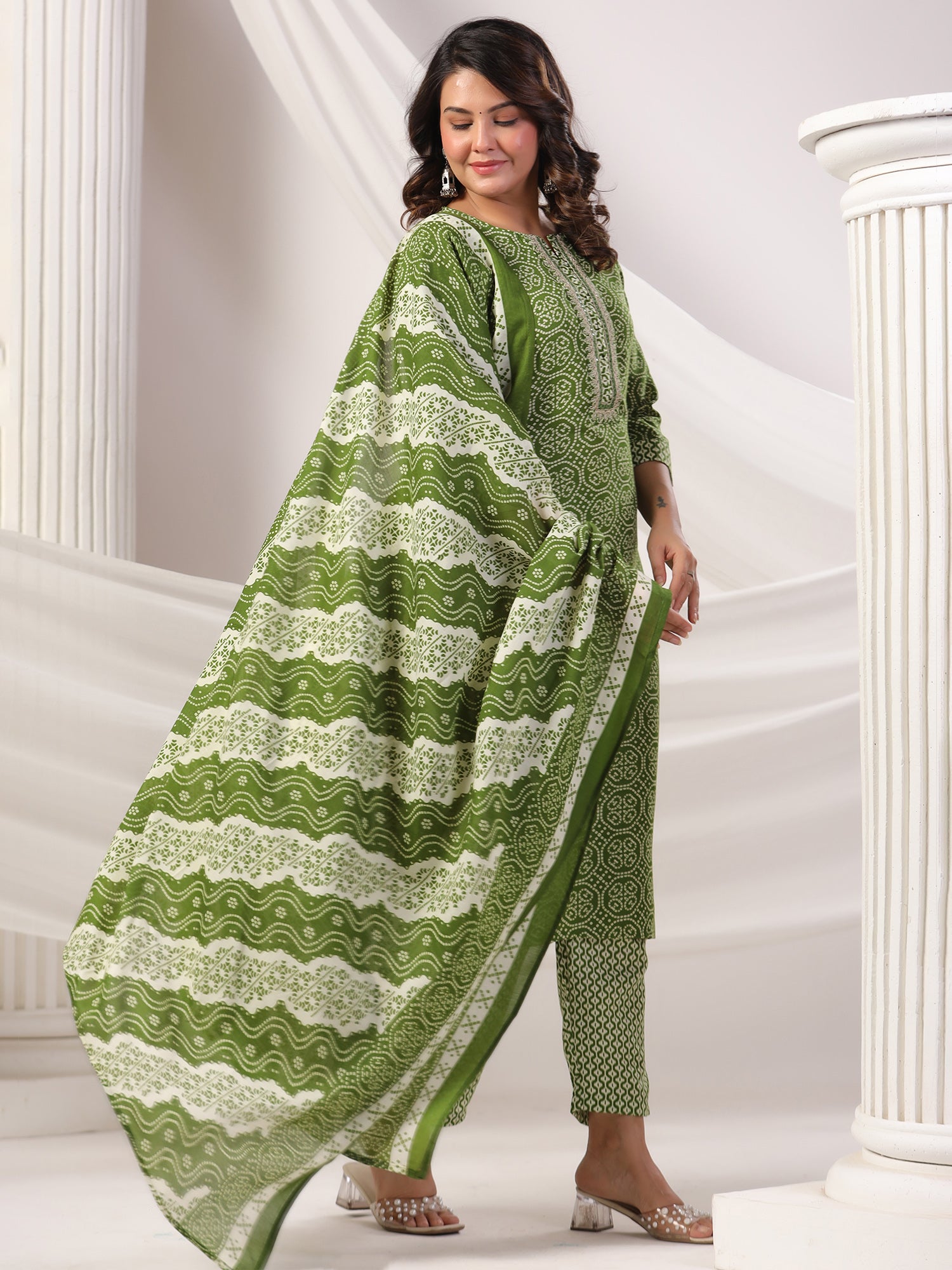 Indo Era Green Printed Straight Kurta Trousers With Dupatta set- IE
