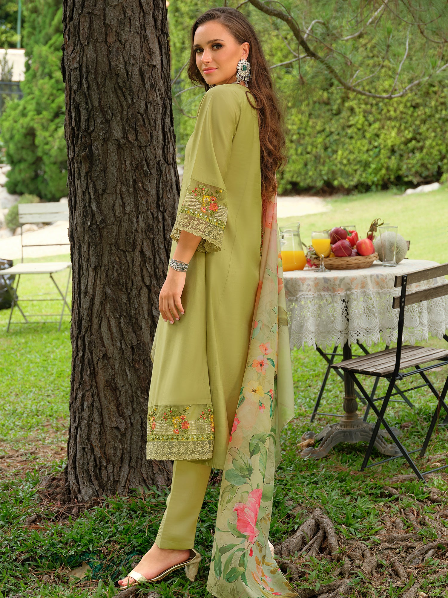 Indo Era Green Embroidered A-Line Kurta Trousers With Dupatta Set- IE