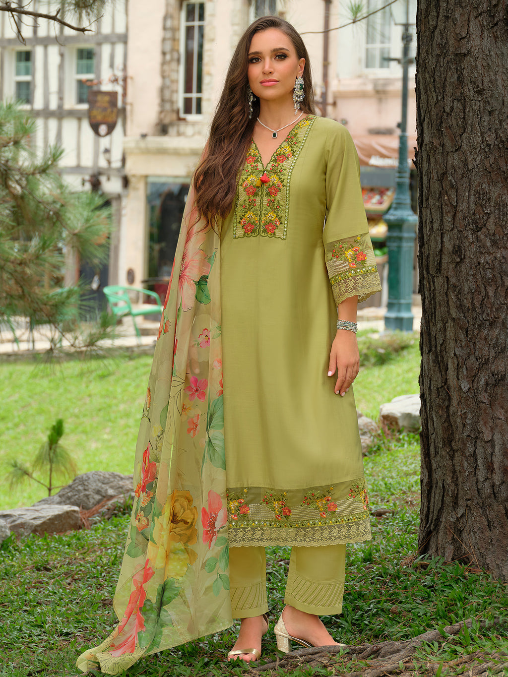 Indo Era Green Embroidered A-Line Kurta Trousers With Dupatta Set- IE