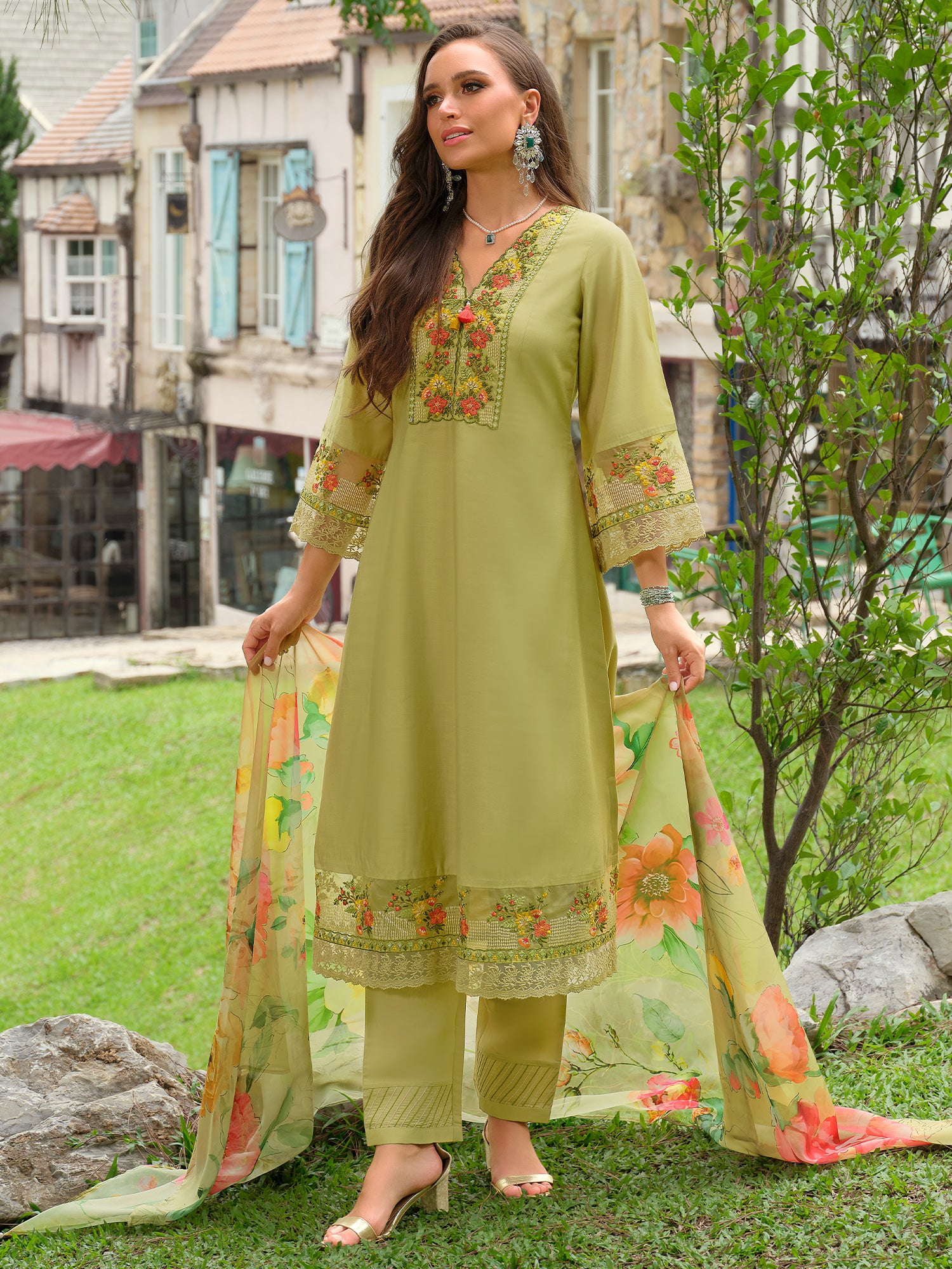 Indo Era Green Embroidered A-Line Kurta Trousers With Dupatta Set- IE