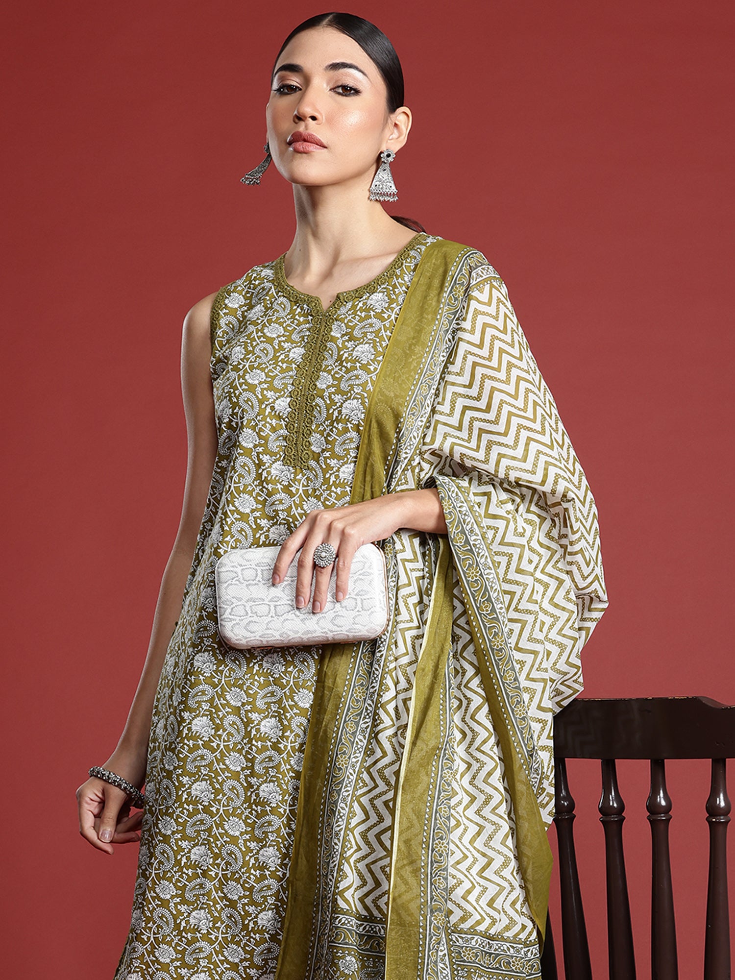 Indo Era Green Printed Straight Kurta Trousers With Dupatta Set- IE