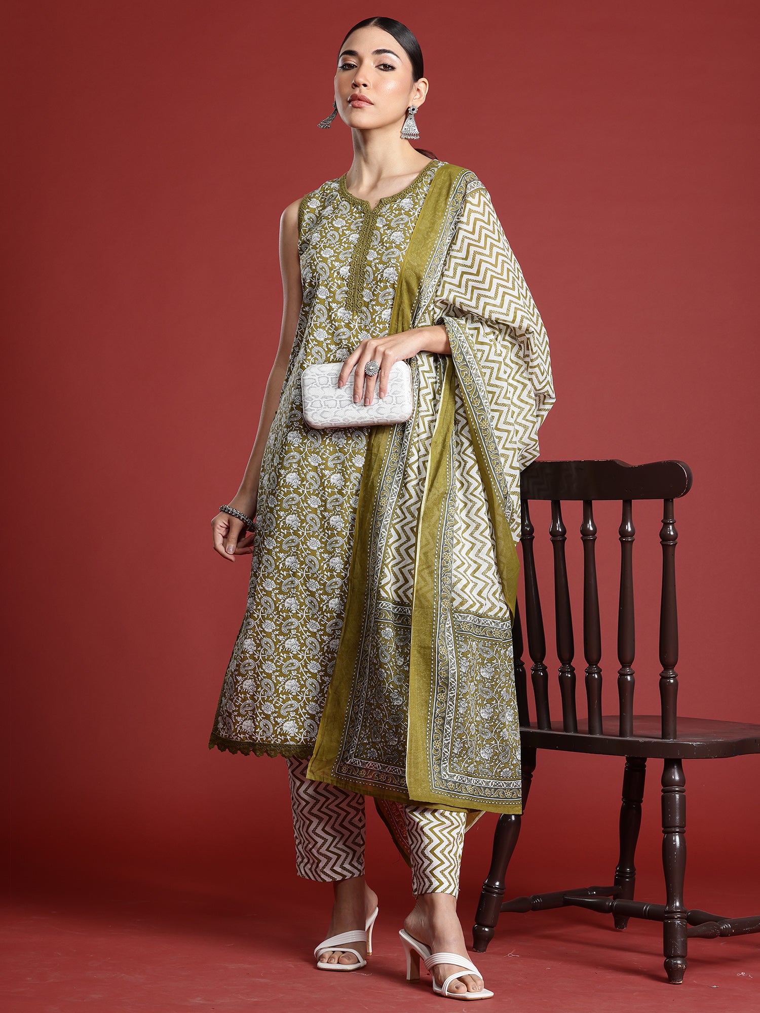 Indo Era Green Printed Straight Kurta Trousers With Dupatta Set- IE