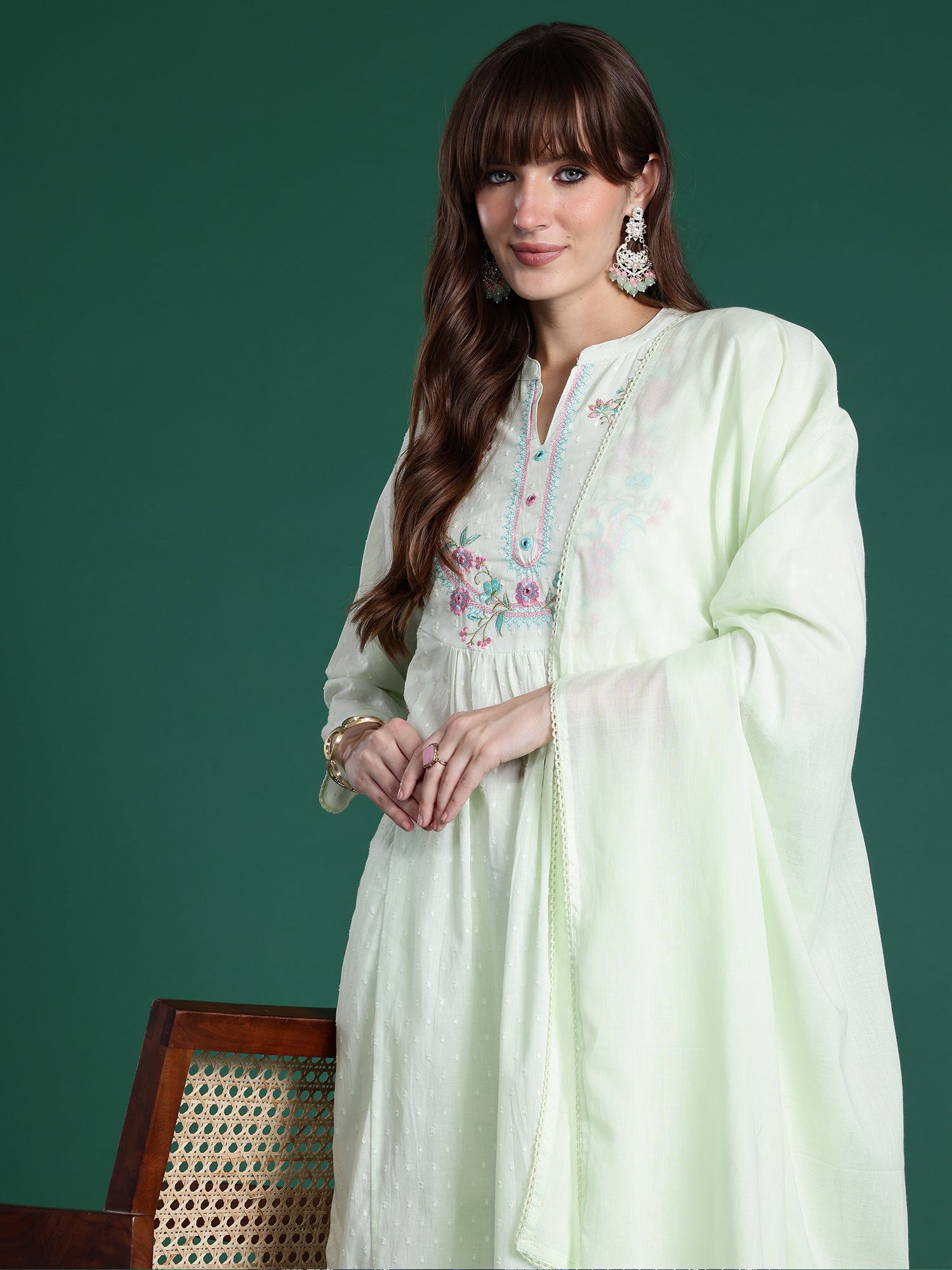 Indo Era Green Embroidered A-Line Kurta Trousers With Dupatta Set- IE