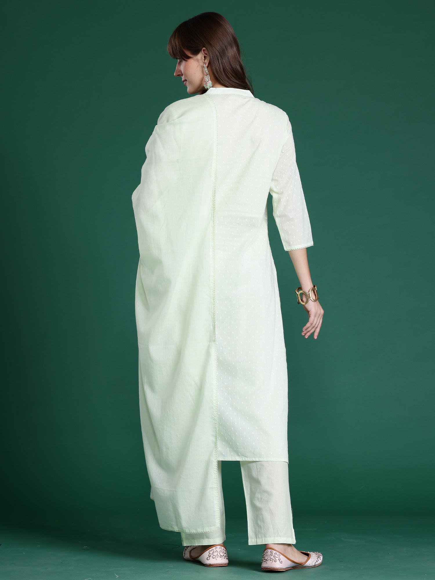 Indo Era Green Embroidered A-Line Kurta Trousers With Dupatta Set- IE