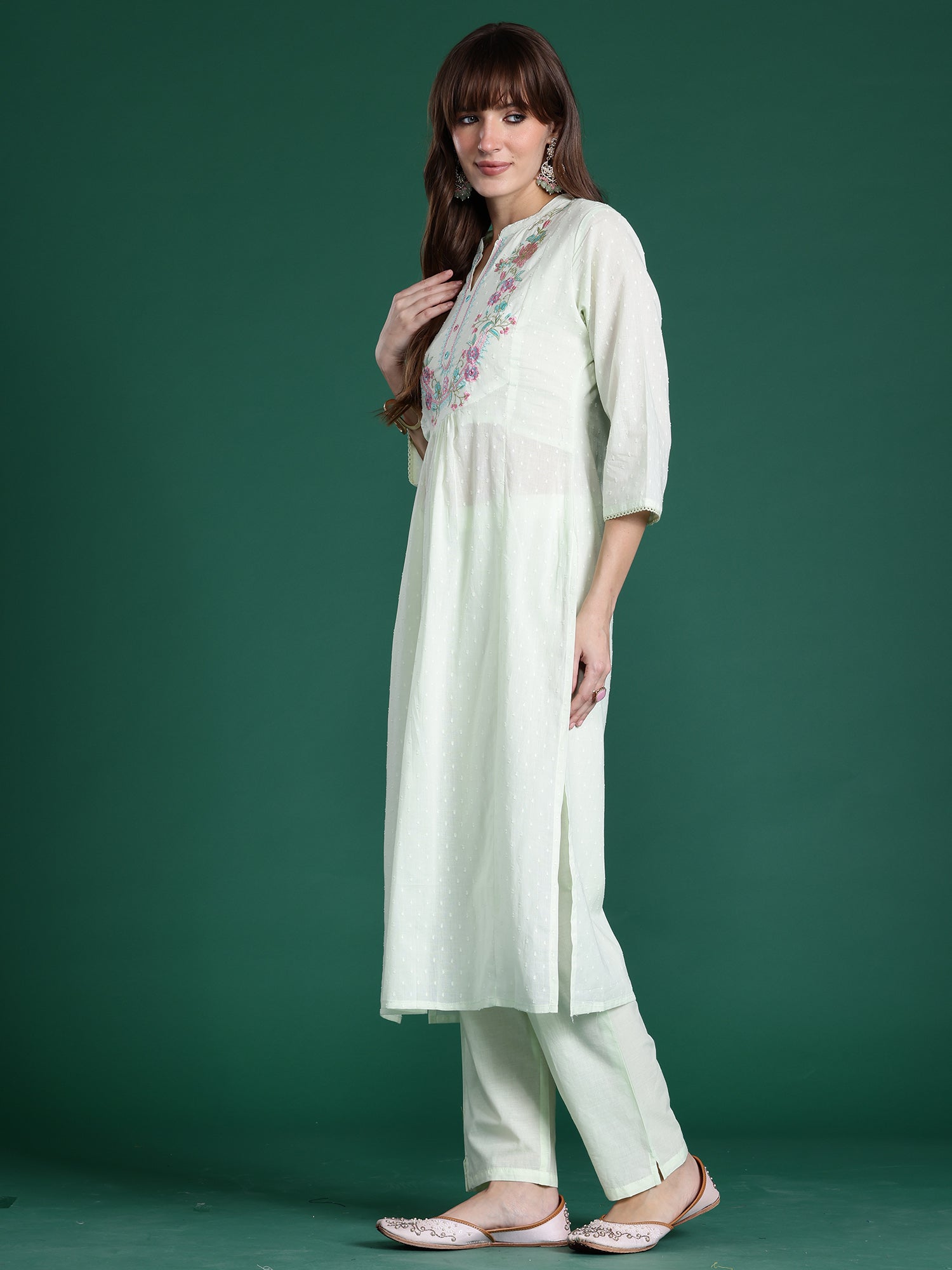 Indo Era Green Embroidered A-Line Kurta Trousers With Dupatta Set- IE