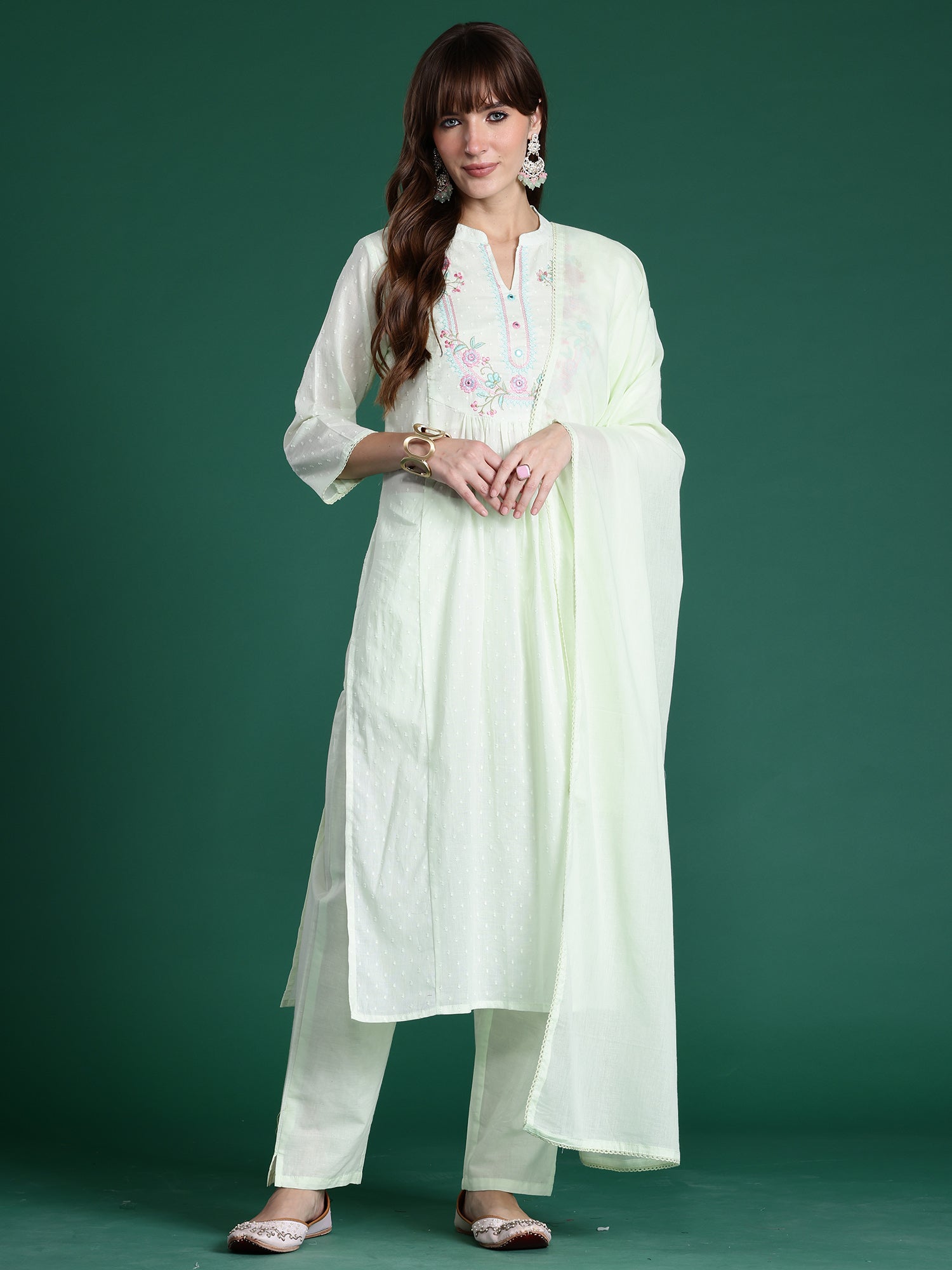 Indo Era Green Embroidered A-Line Kurta Trousers With Dupatta Set- IE