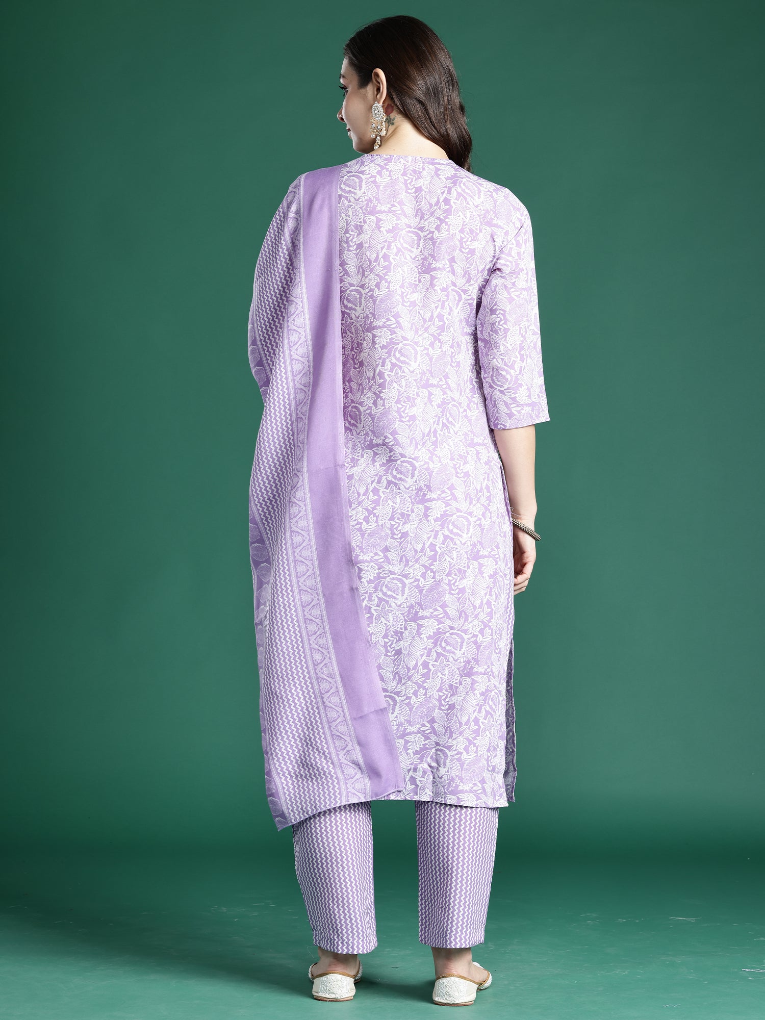 Indo Era Lavender Printed Straight Kurta Trousers With Dupatta set- IE