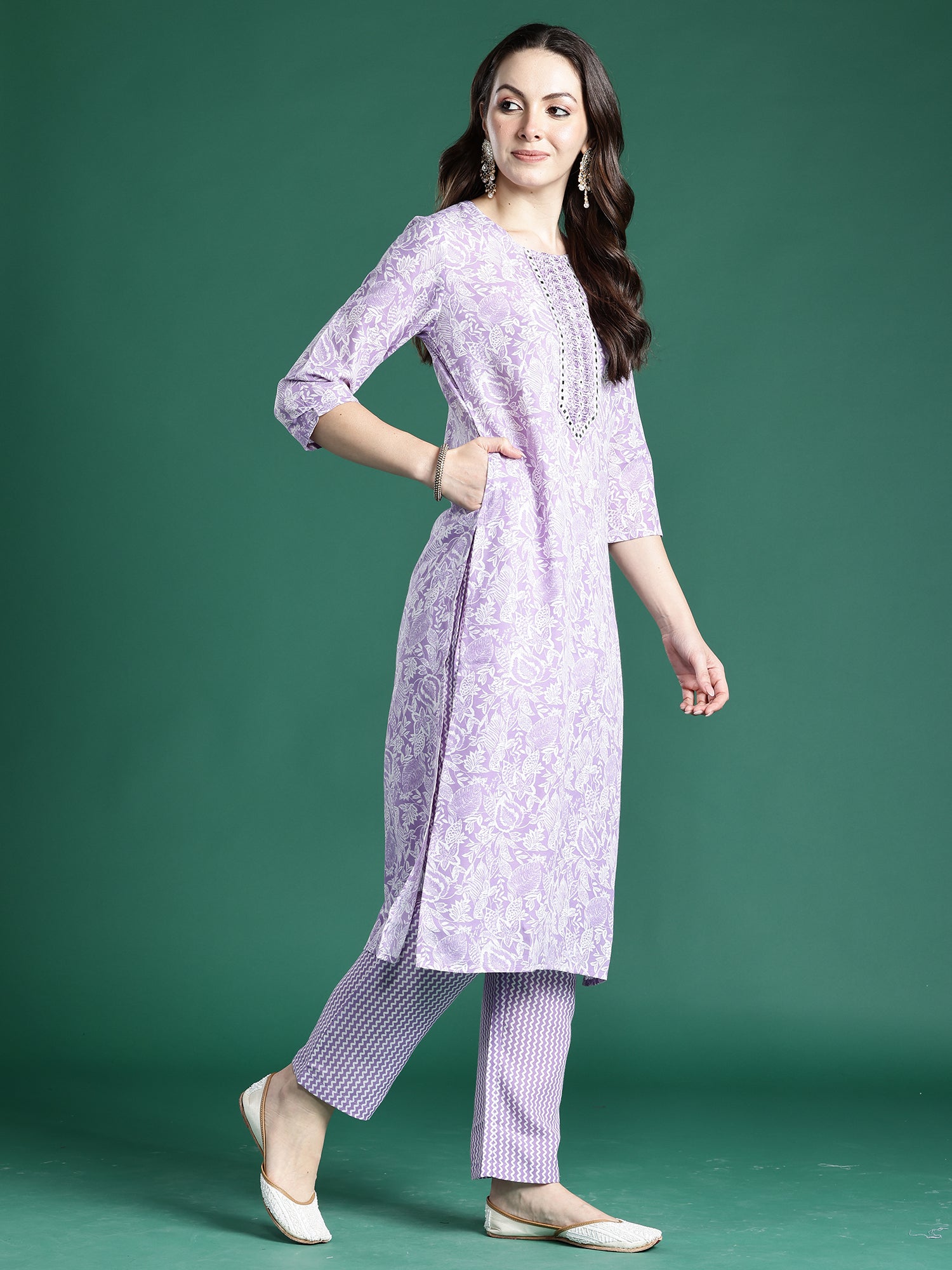 Indo Era Lavender Printed Straight Kurta Trousers With Dupatta set- IE