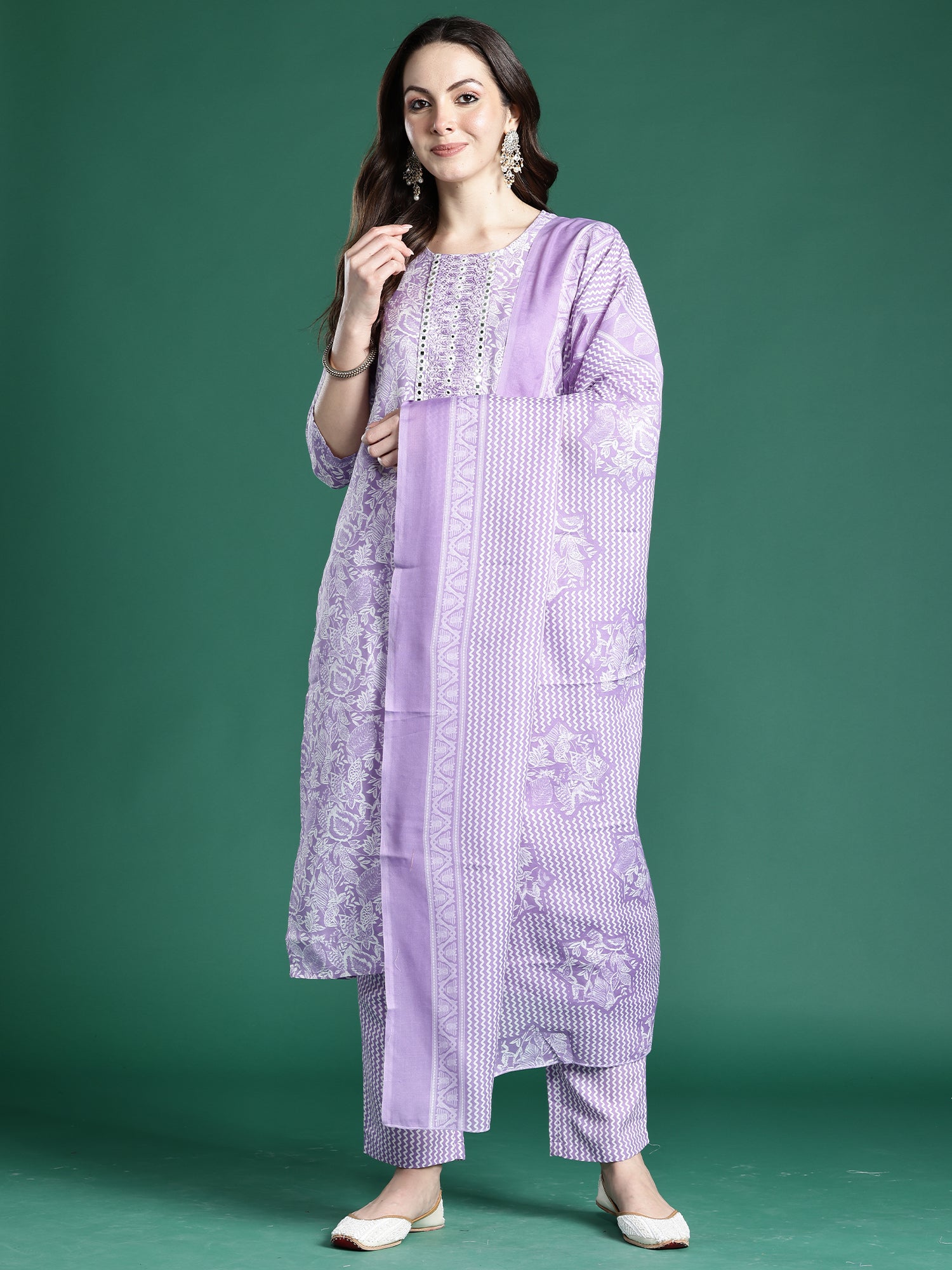 Indo Era Lavender Printed Straight Kurta Trousers With Dupatta set- IE