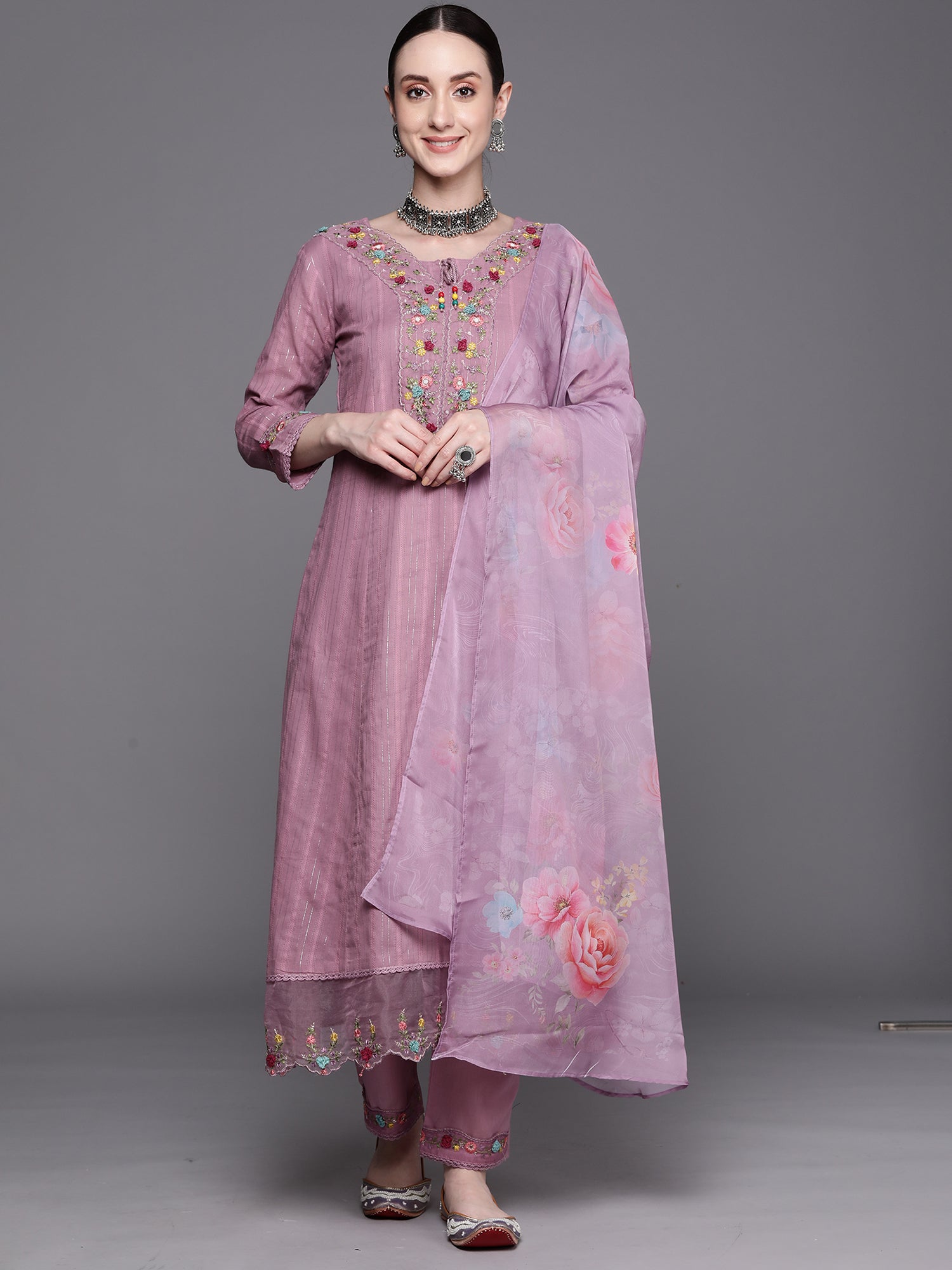 Lavender Embroidered A-Line Kurta Trousers With Dupatta Set