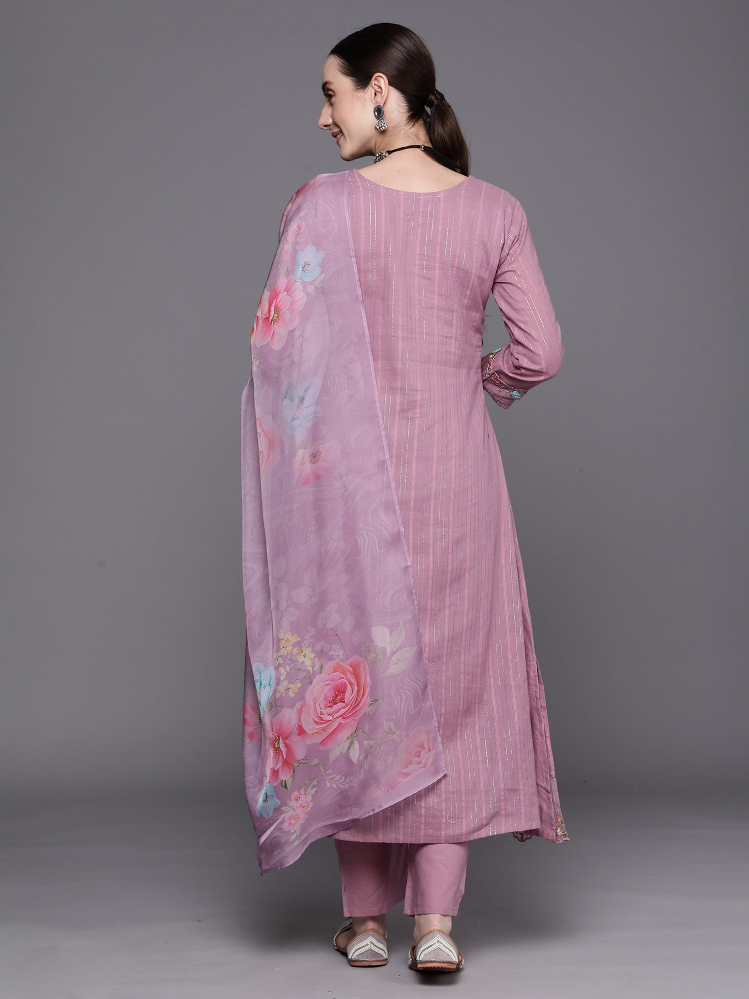 Lavender Embroidered A-Line Kurta Trousers With Dupatta Set