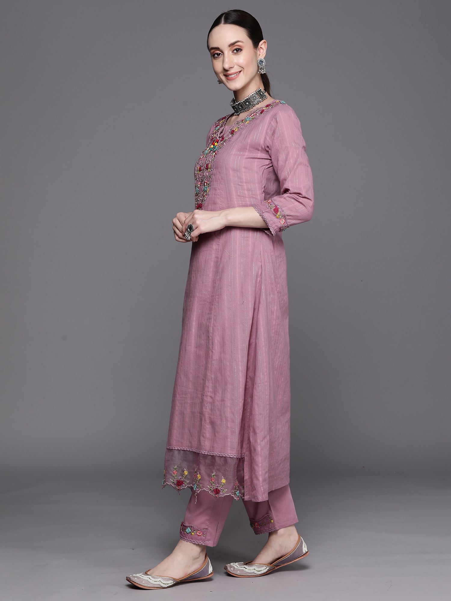 Lavender Embroidered A-Line Kurta Trousers With Dupatta Set