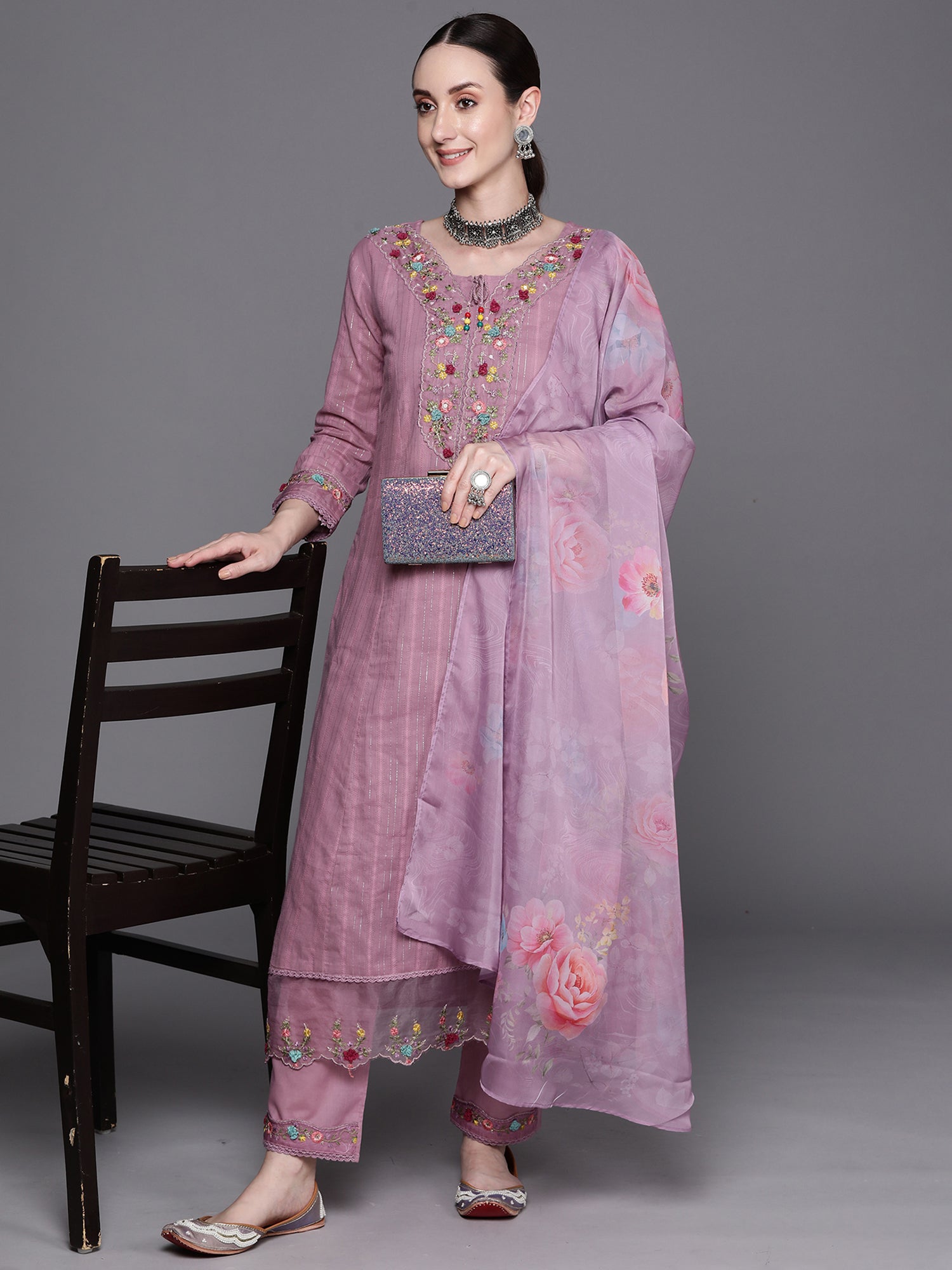 Lavender Embroidered A-Line Kurta Trousers With Dupatta Set