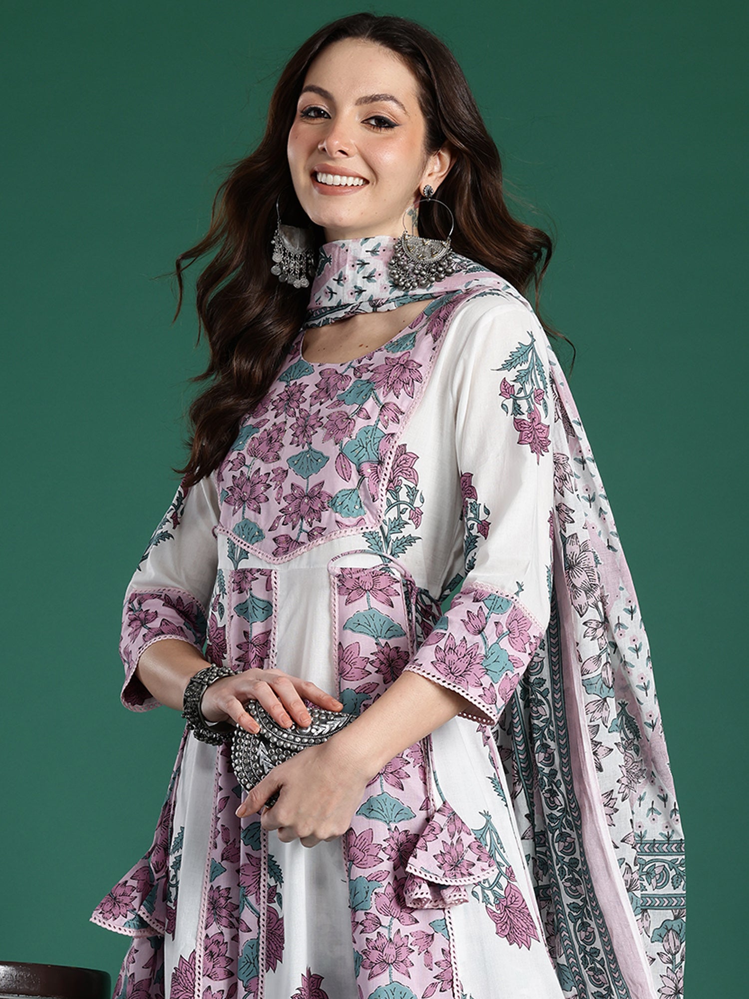 Indo Era Multi Printed Anarkali Kurta Trousers With Dupatta Set- IE