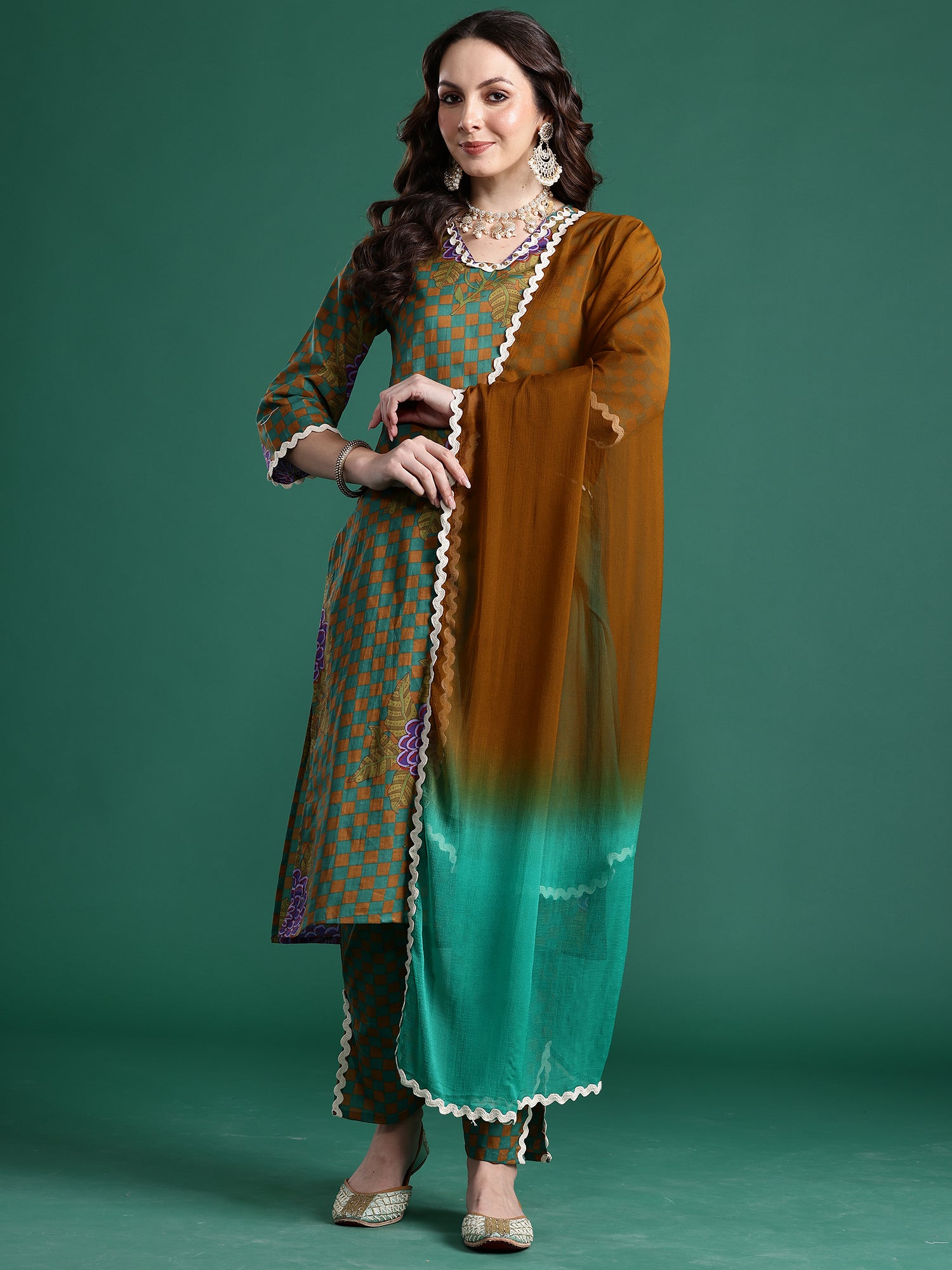 Indo Era Multi Printed Straight Kurta Trousers With Dupatta Set- IE