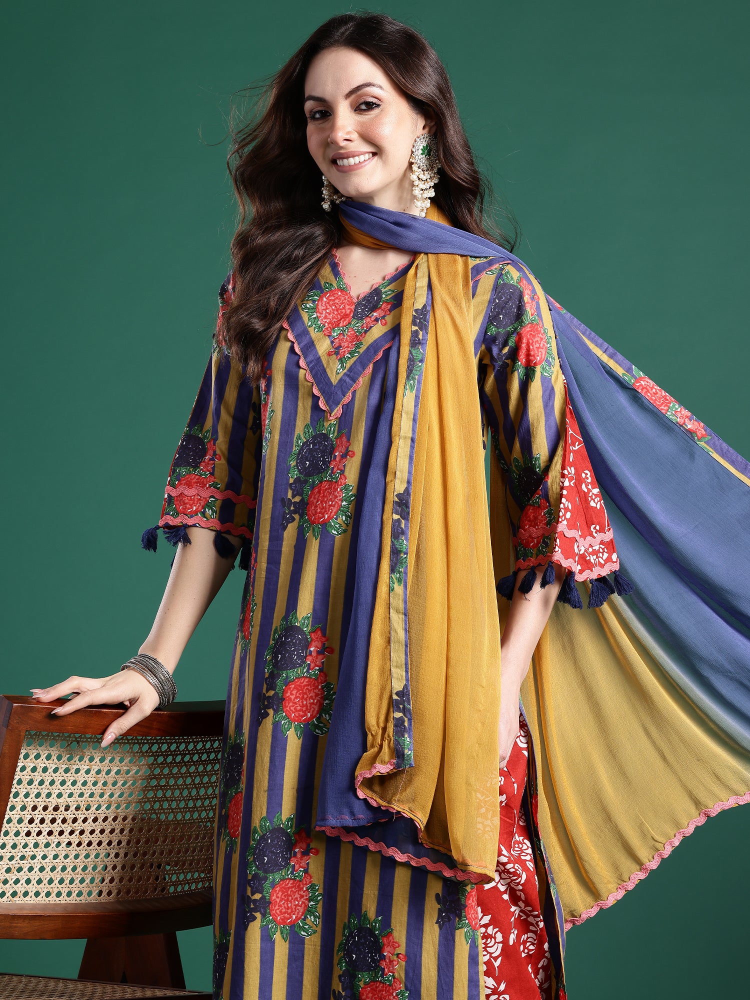 Indo Era Multi Printed A-Line Kurta Trousers With Dupatta Set- IE