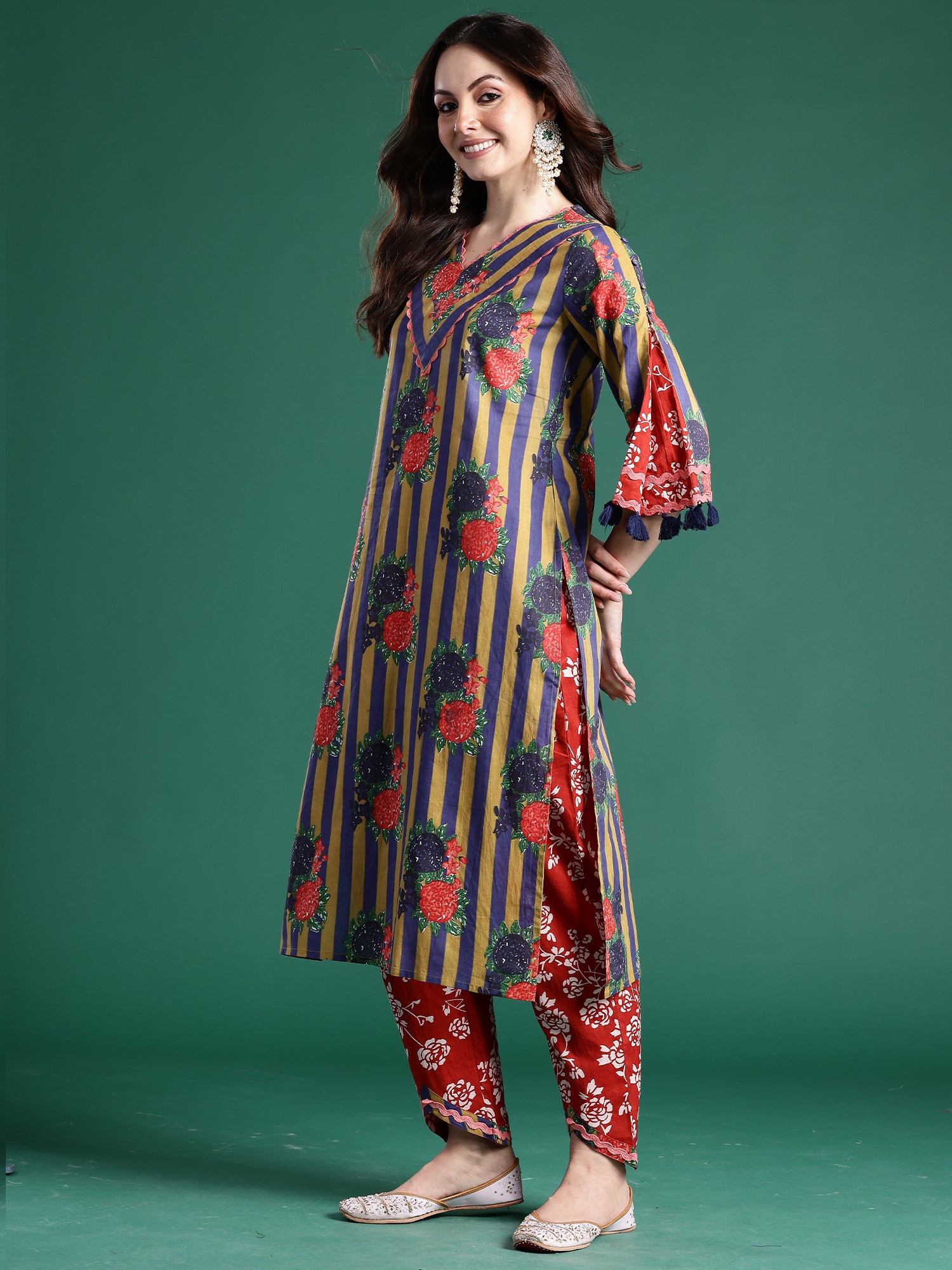 Indo Era Multi Printed A-Line Kurta Trousers With Dupatta Set- IE