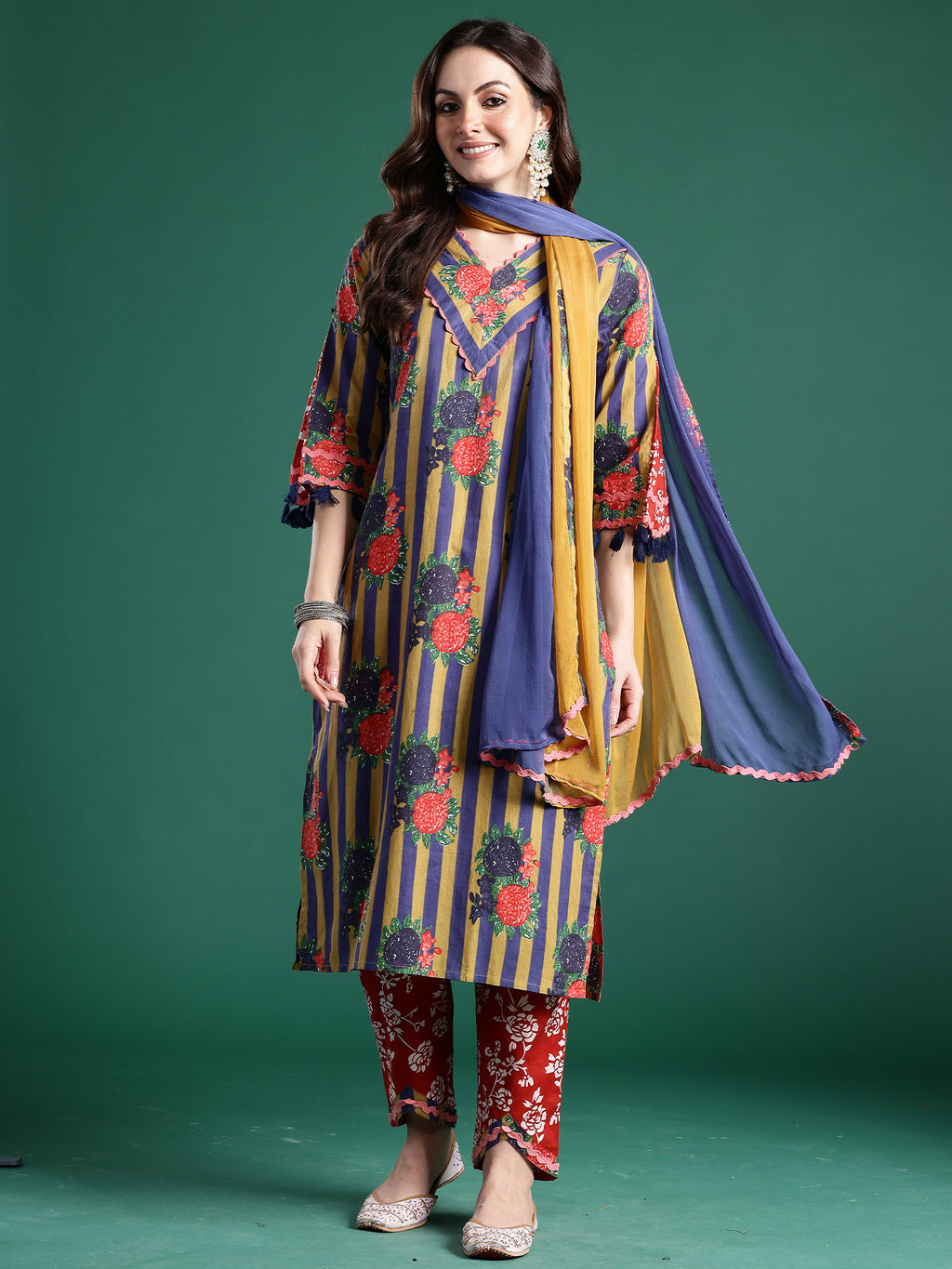 Indo Era Multi Printed A-Line Kurta Trousers With Dupatta Set- IE