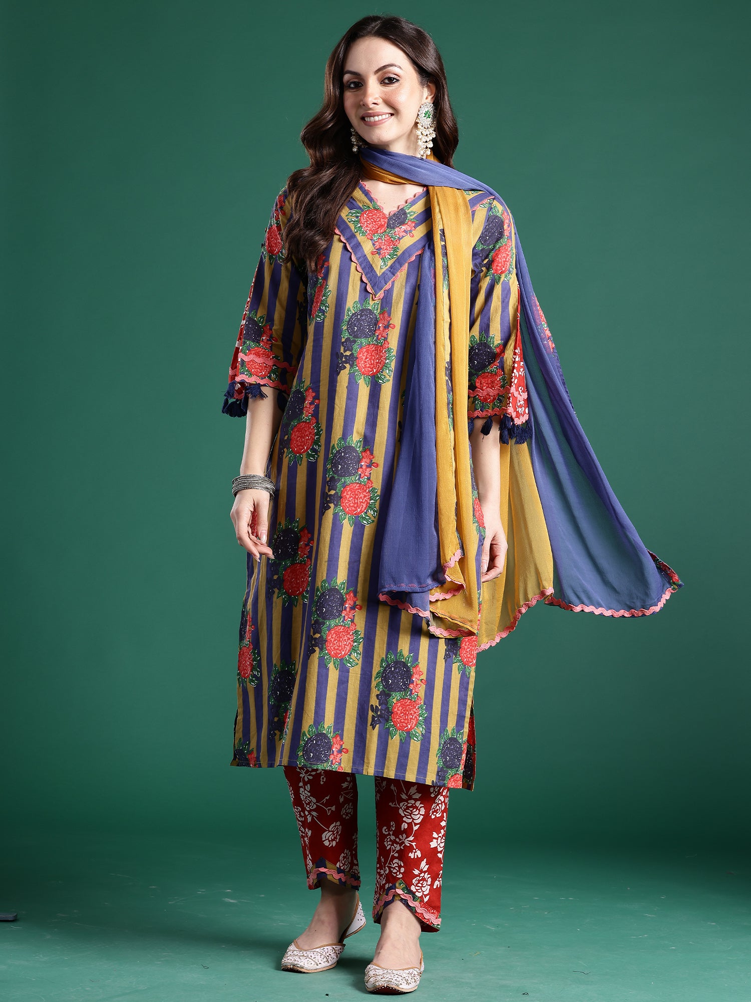 Indo Era Multi Printed A-Line Kurta Trousers With Dupatta Set- IE