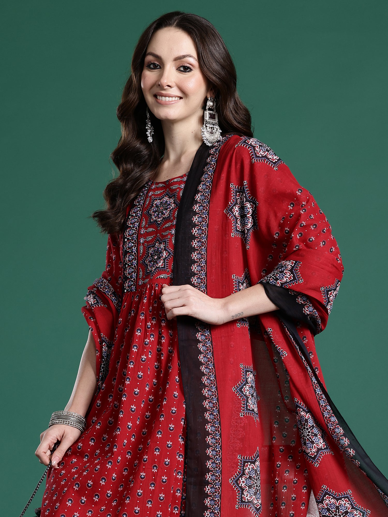 Indo Era Maroon Printed Straight Kurta Trousers With Dupatta set- IE