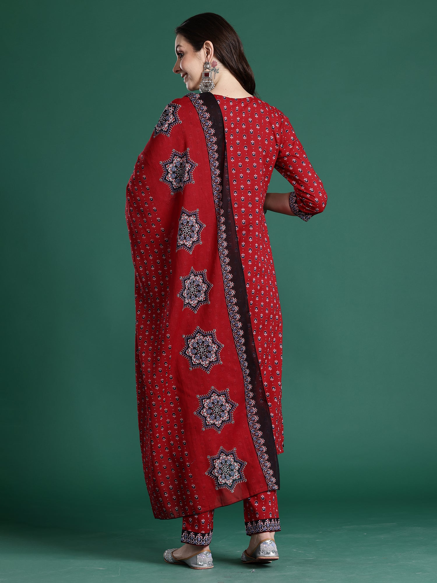 Indo Era Maroon Printed Straight Kurta Trousers With Dupatta set- IE