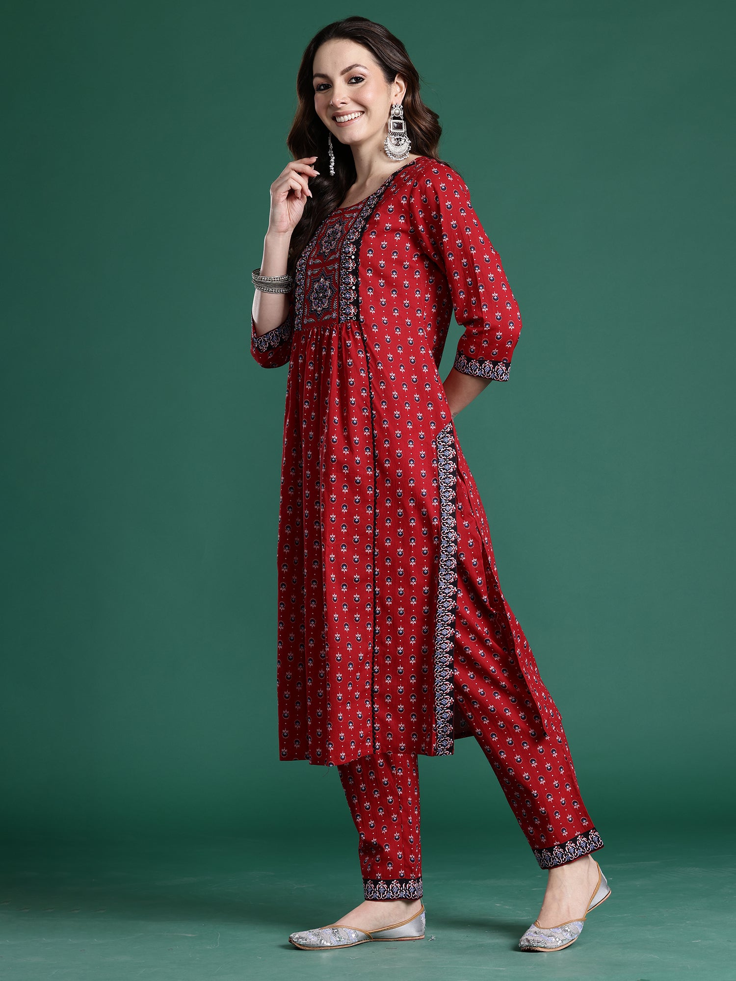 Indo Era Maroon Printed Straight Kurta Trousers With Dupatta set- IE
