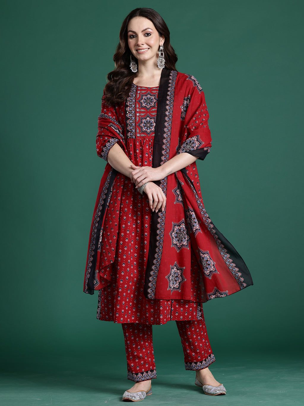 Indo Era Maroon Printed Straight Kurta Trousers With Dupatta set- IE