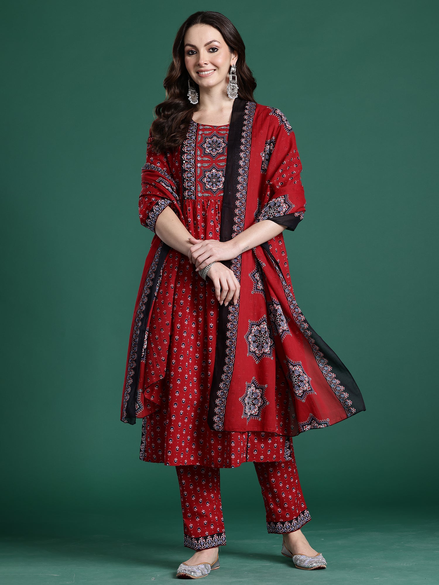 Indo Era Maroon Printed Straight Kurta Trousers With Dupatta set- IE