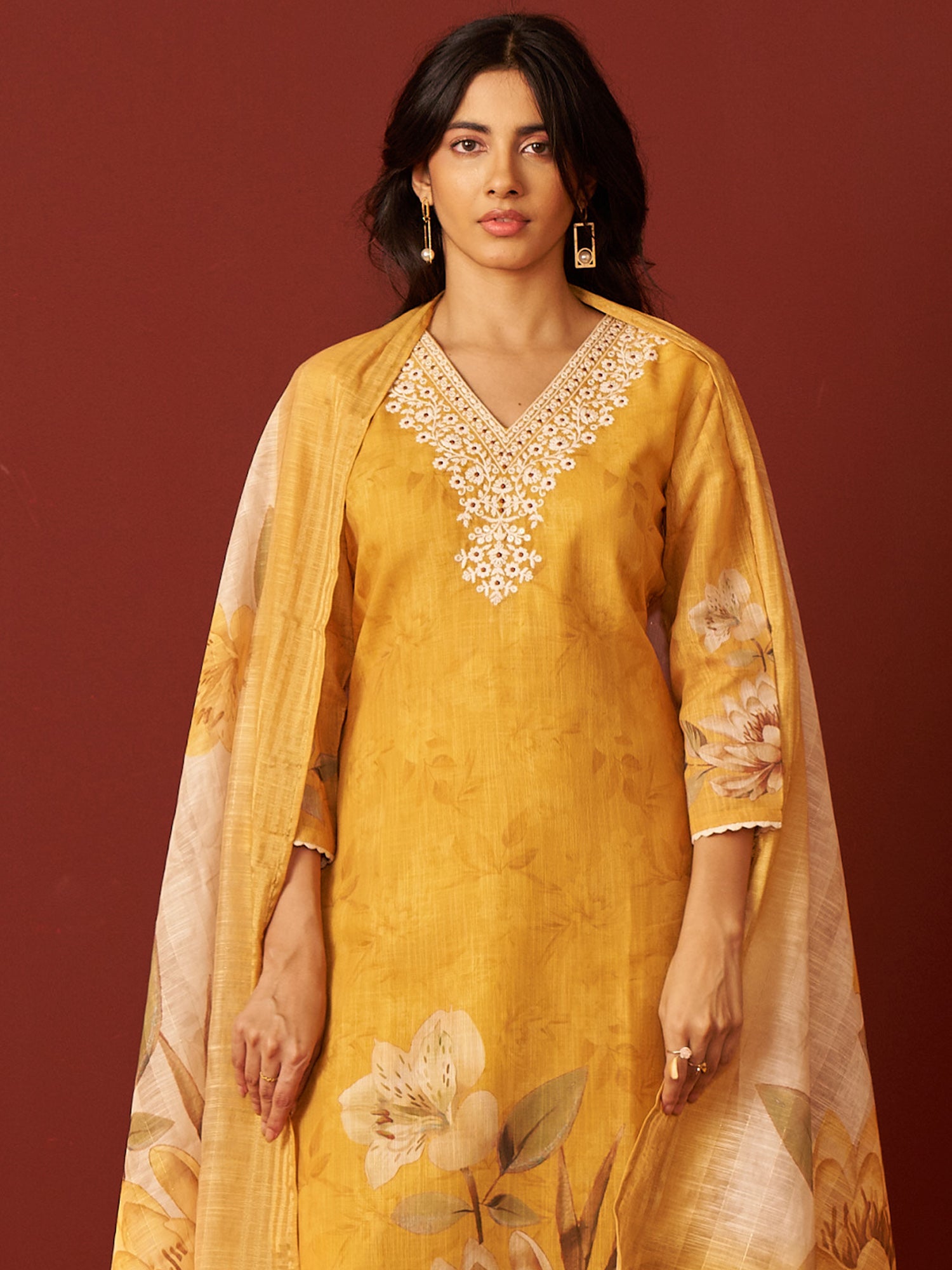 Indo Era Mustard Embroidered Straight Kurta Trousers With Dupatta Set- IE