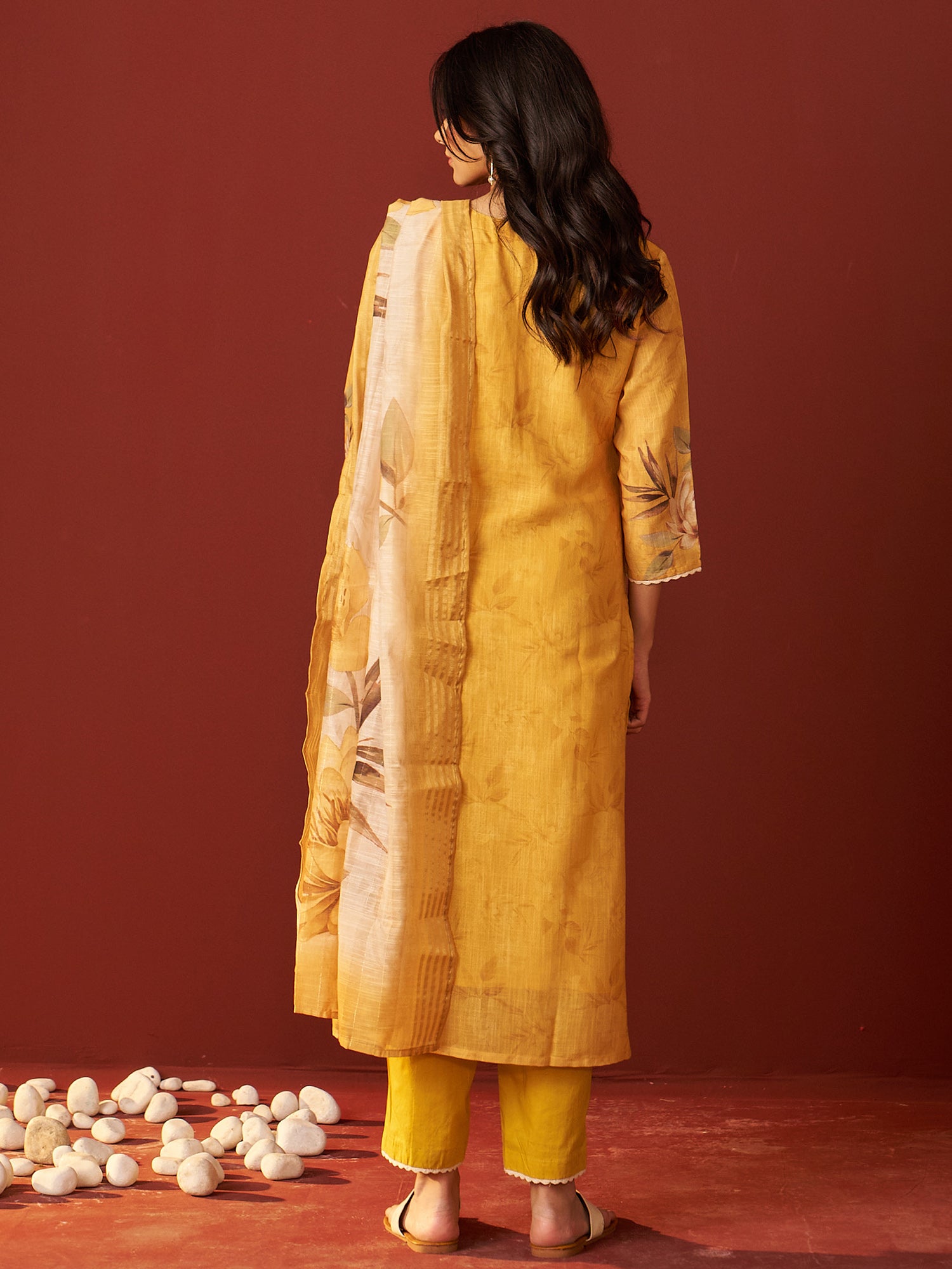 Indo Era Mustard Embroidered Straight Kurta Trousers With Dupatta Set- IE