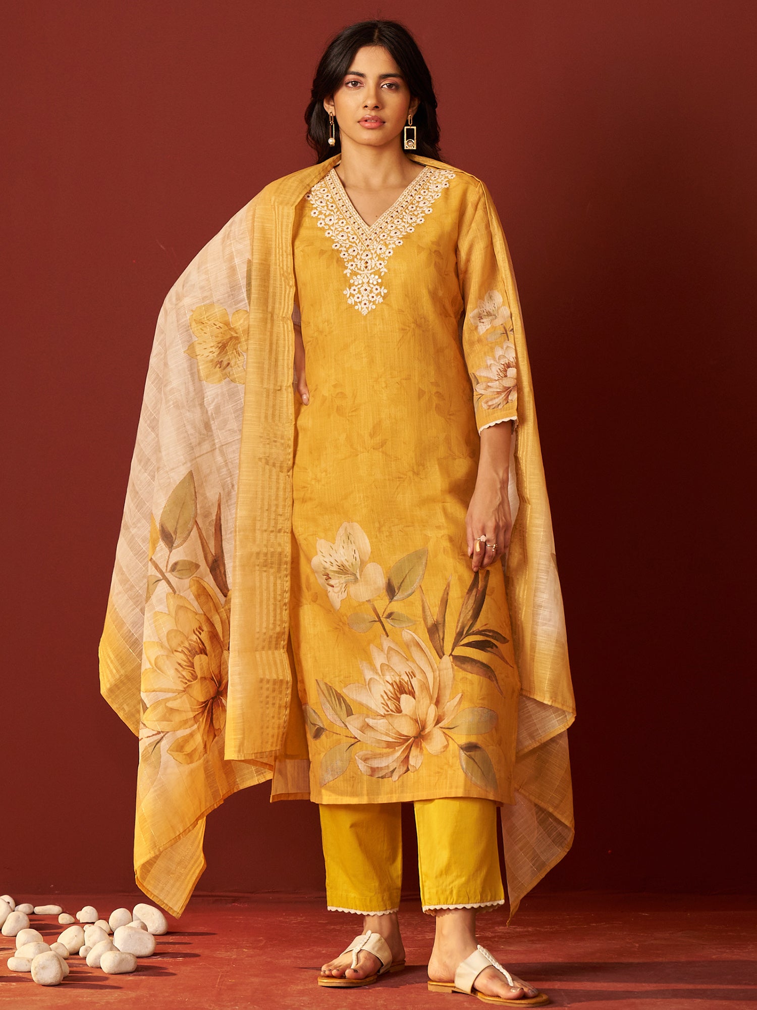 Indo Era Mustard Embroidered Straight Kurta Trousers With Dupatta Set- IE