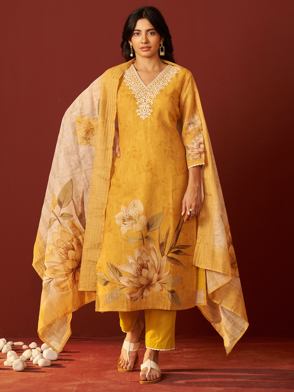 Indo Era Mustard Embroidered Straight Kurta Trousers With Dupatta Set- IE