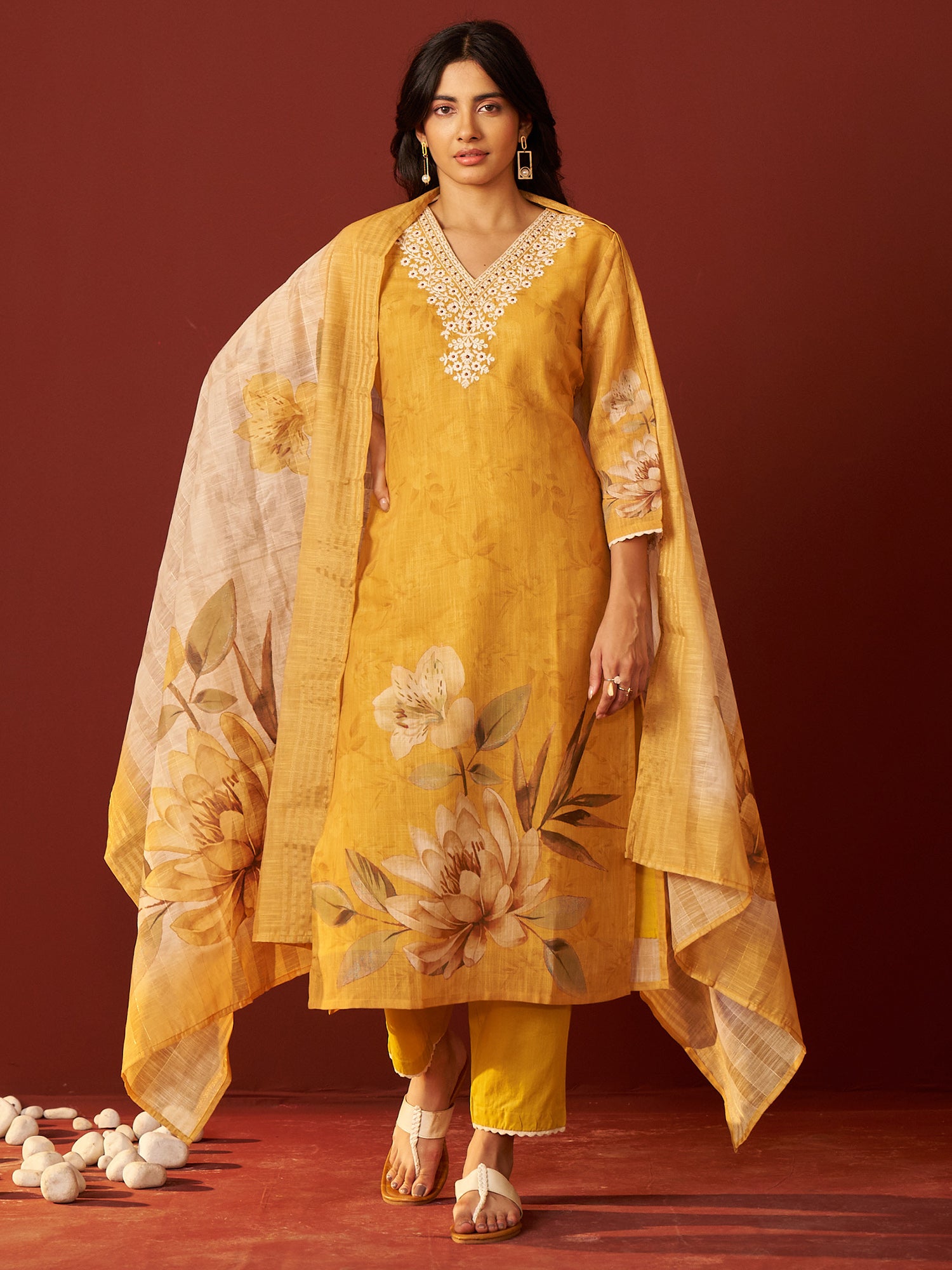 Indo Era Mustard Embroidered Straight Kurta Trousers With Dupatta Set- IE