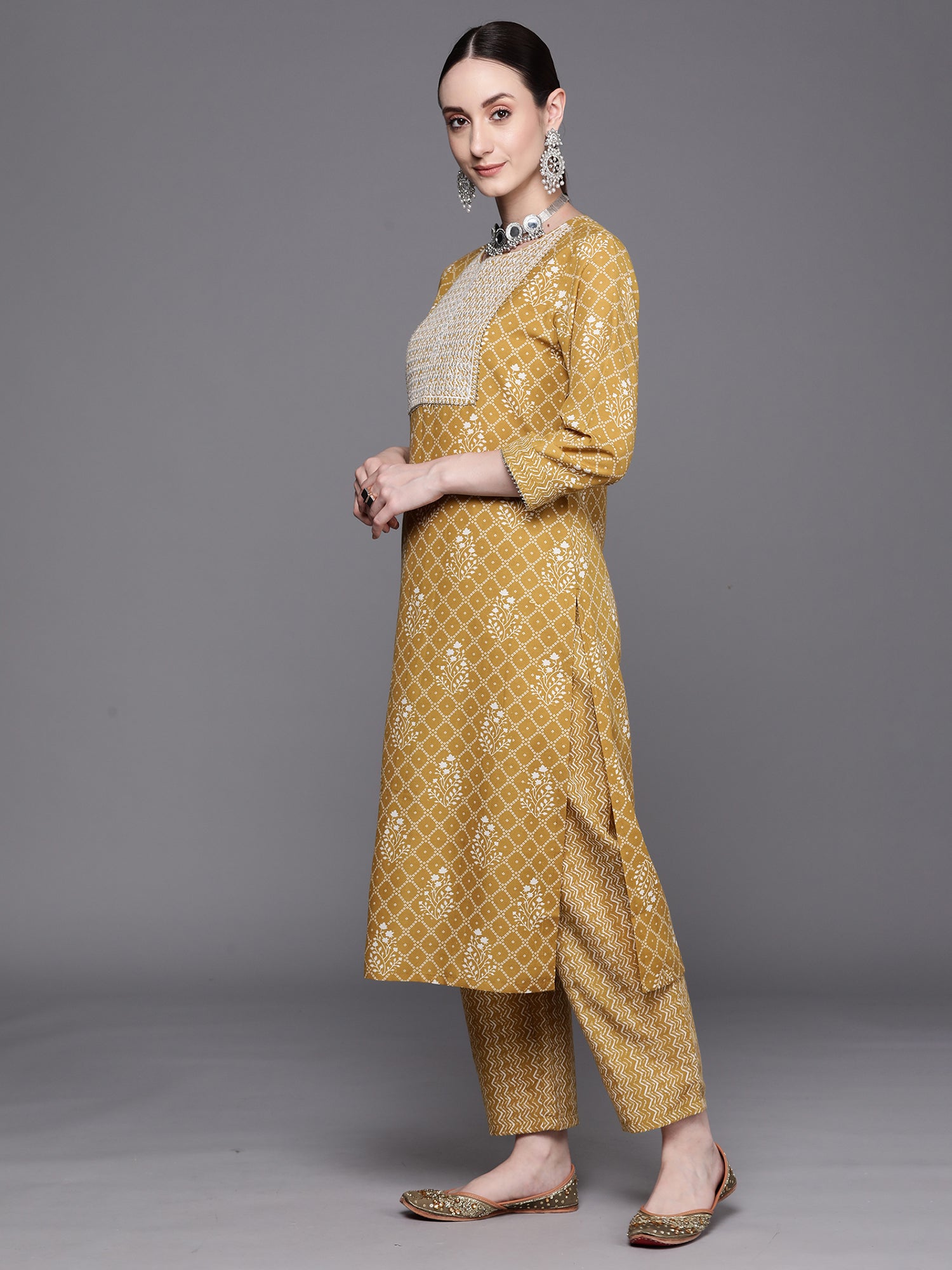 Mustard Printed Straight Kurta Trousers With Dupatta set