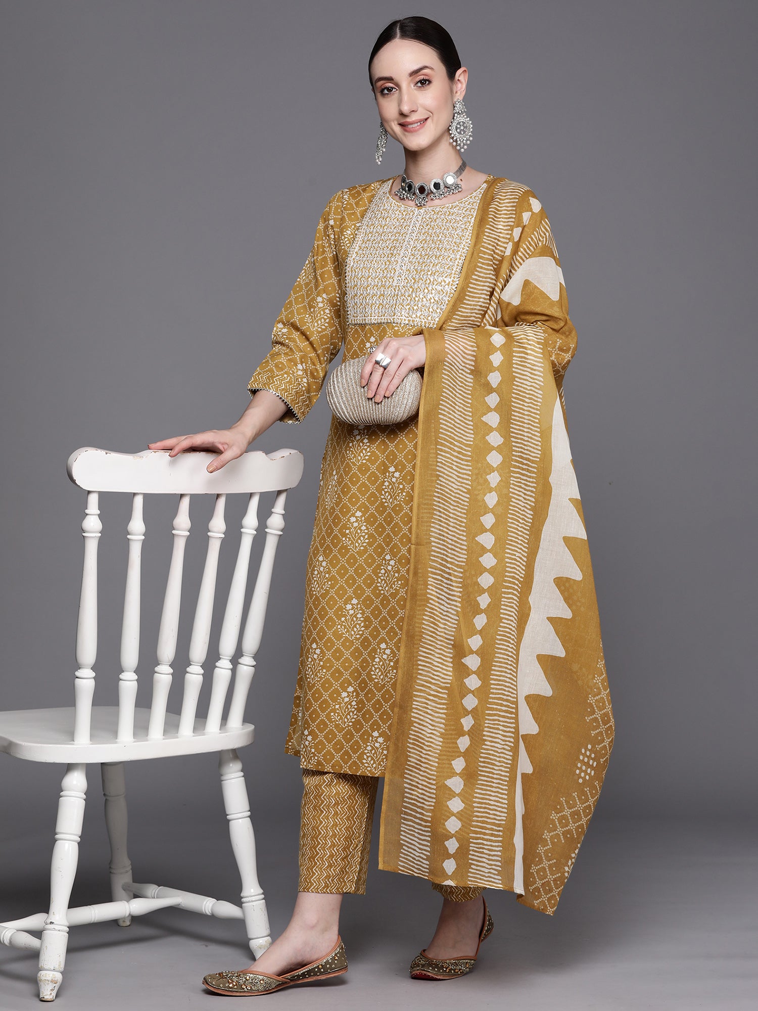 Mustard Printed Straight Kurta Trousers With Dupatta set