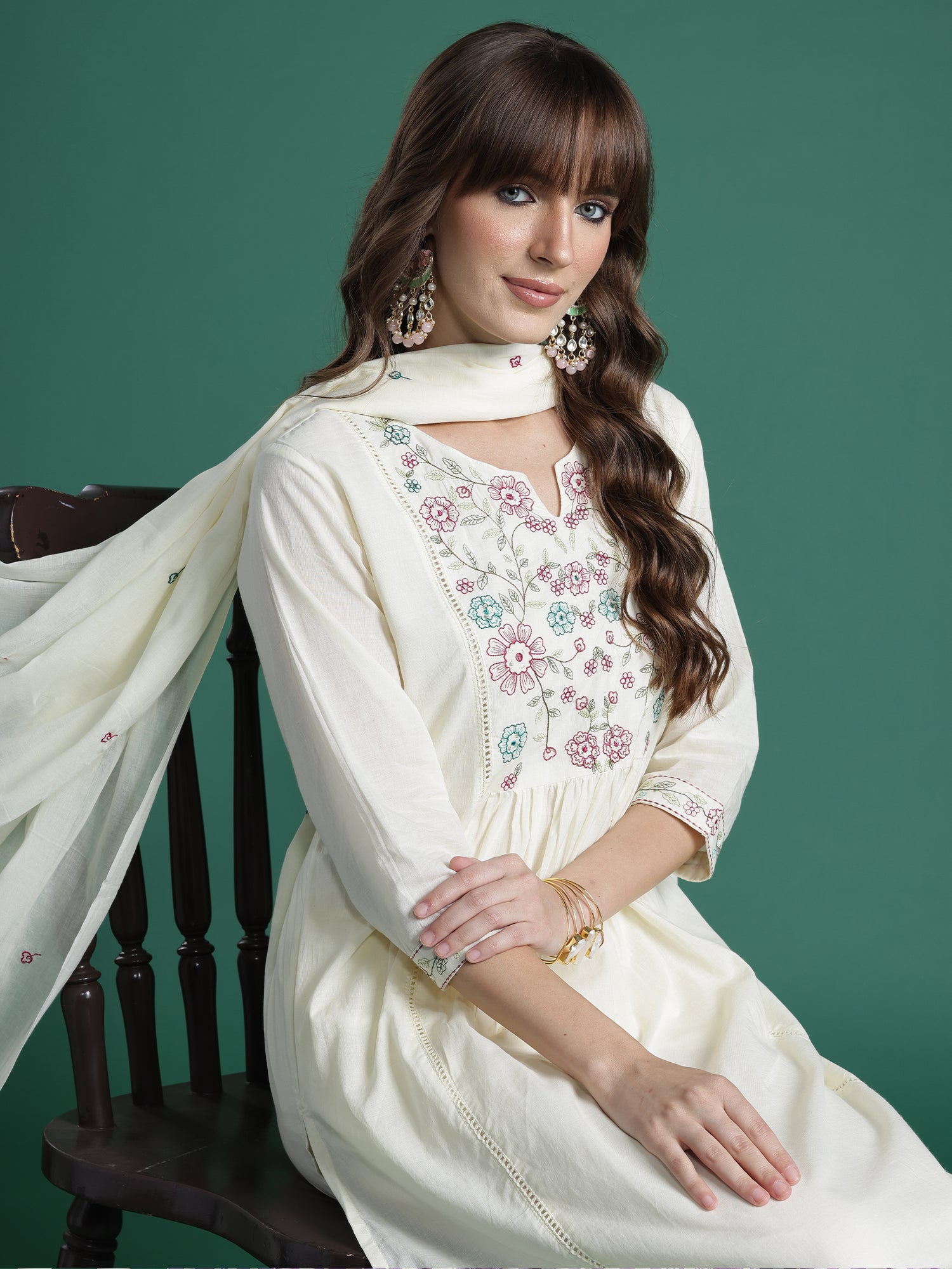 Indo Era Off White Embroidered A-Line Kurta Trousers With Dupatta Set- IE