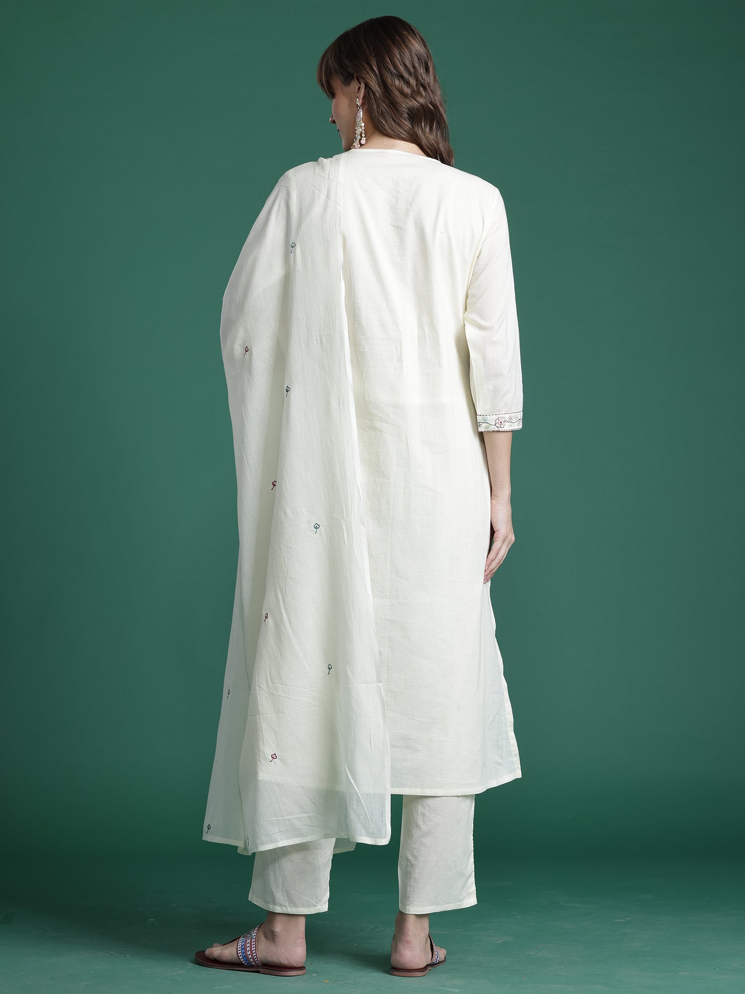 Indo Era Off White Embroidered A-Line Kurta Trousers With Dupatta Set- IE