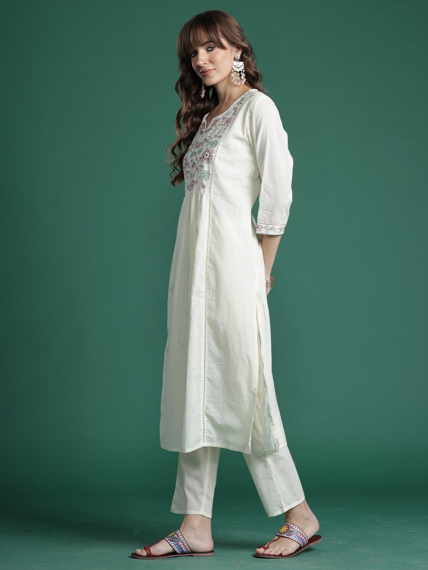 Indo Era Off White Embroidered A-Line Kurta Trousers With Dupatta Set- IE