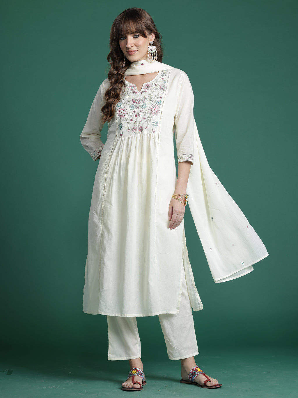 Indo Era Off White Embroidered A-Line Kurta Trousers With Dupatta Set- IE