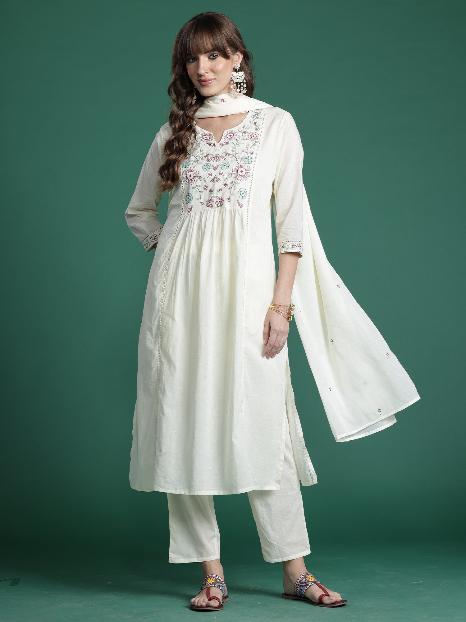 Indo Era Off White Embroidered A-Line Kurta Trousers With Dupatta Set- IE