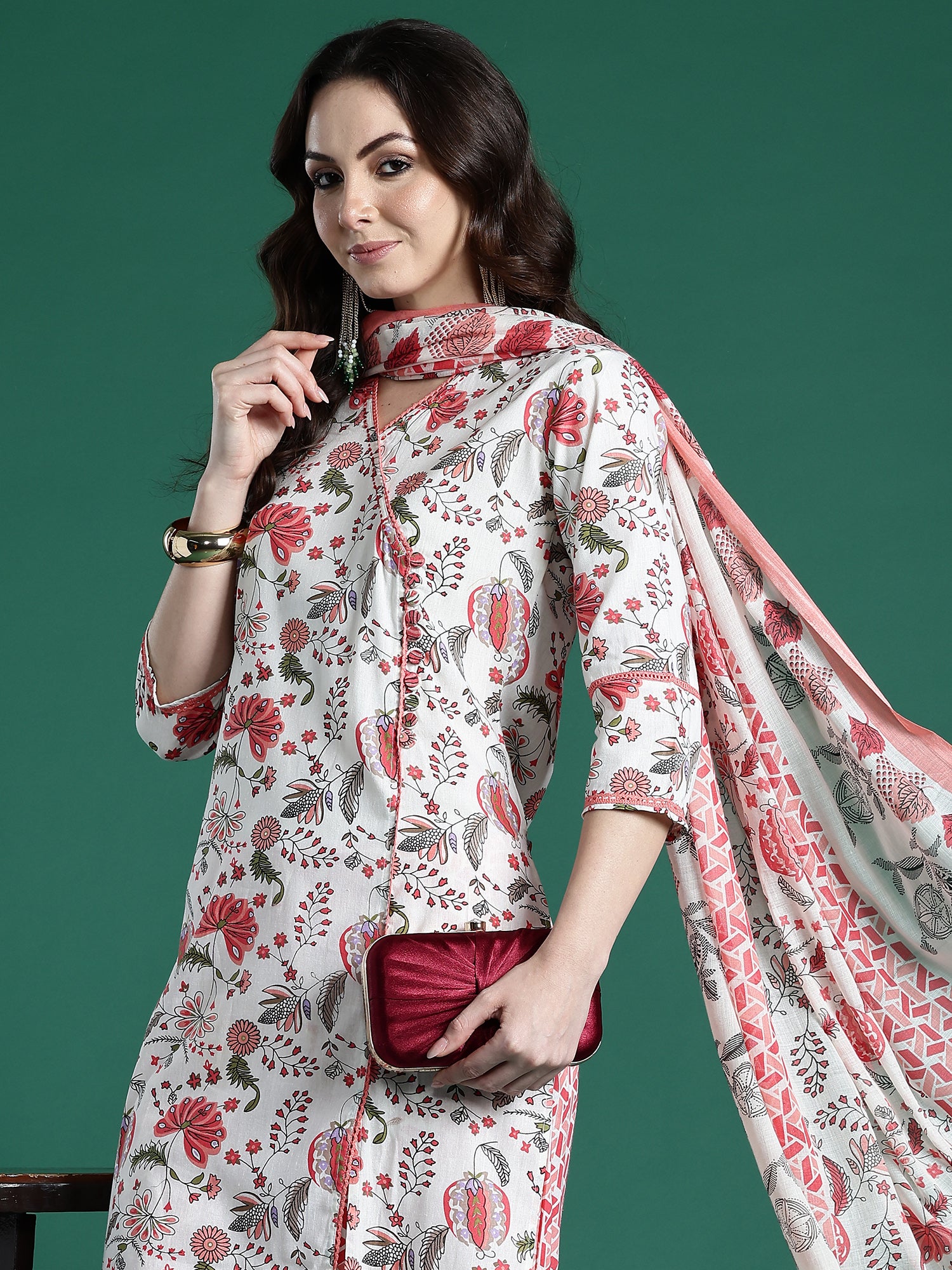 Indo era Off White Printed Straight Kurta Trousers With Dupatta Set- IE