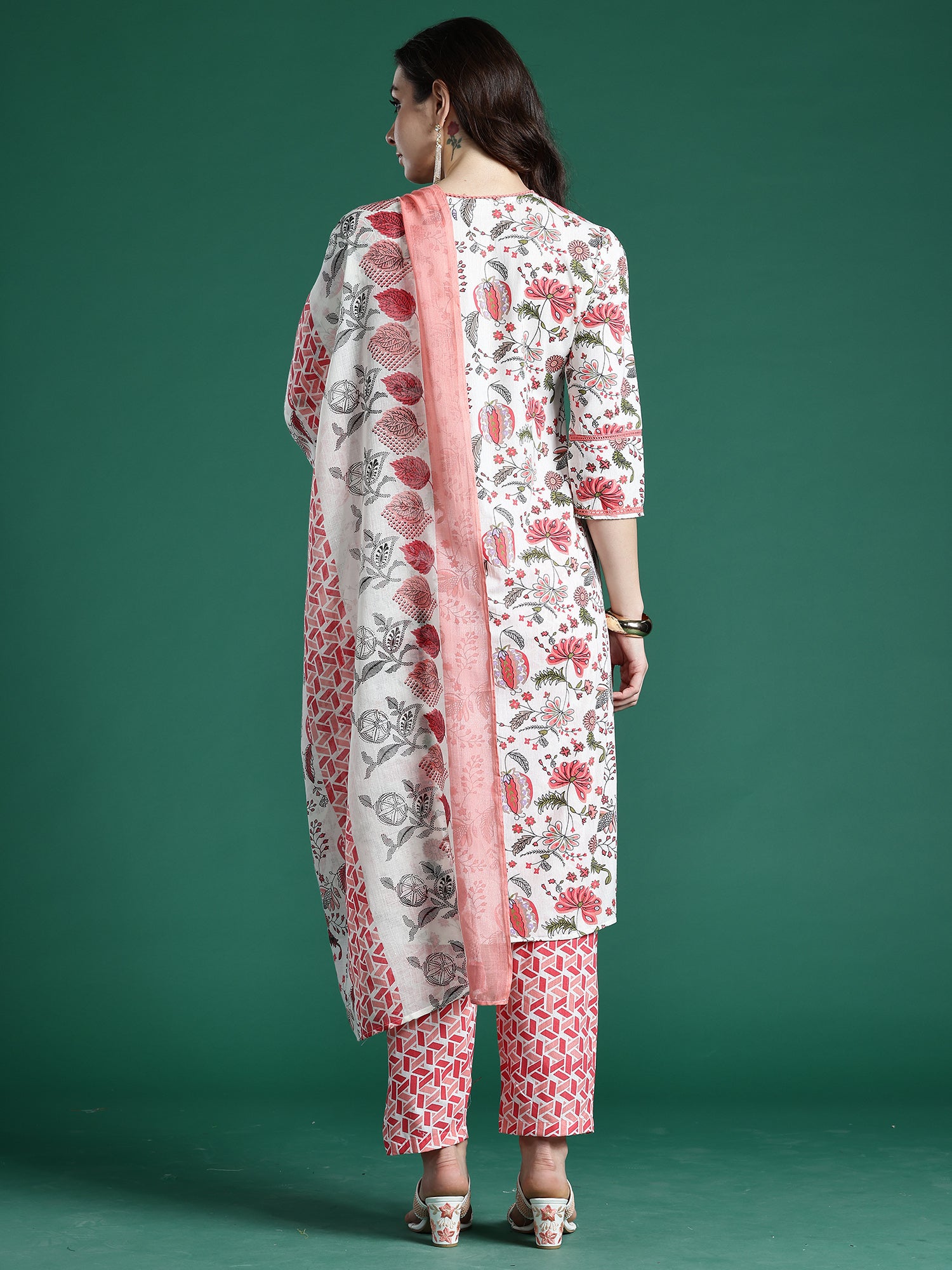 Indo era Off White Printed Straight Kurta Trousers With Dupatta Set- IE