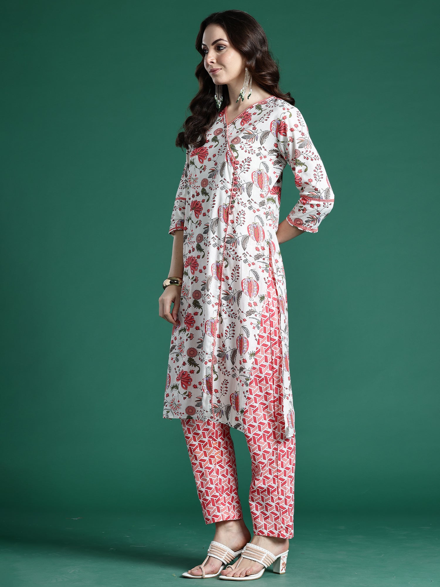 Indo era Off White Printed Straight Kurta Trousers With Dupatta Set- IE