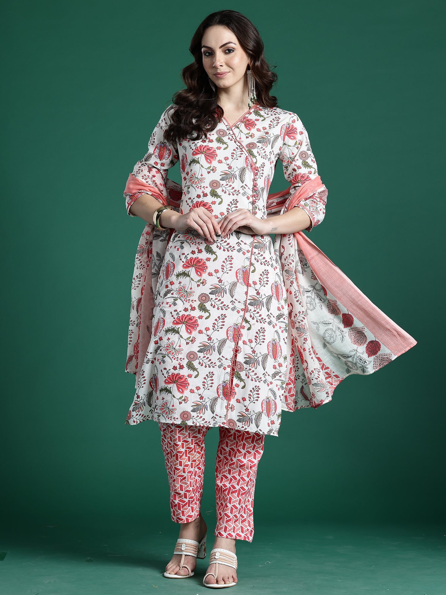 Indo era Off White Printed Straight Kurta Trousers With Dupatta Set- IE