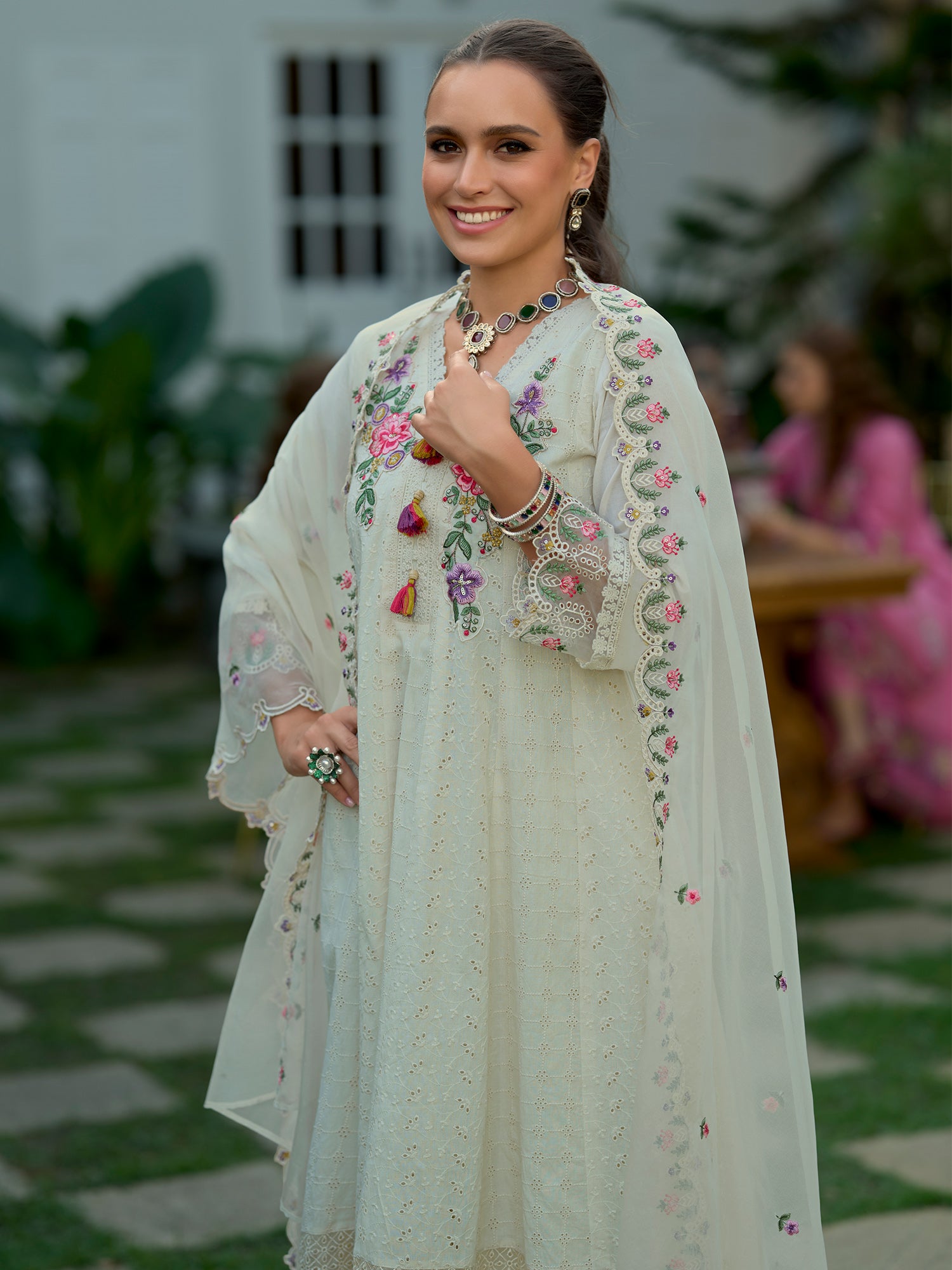 Indo Era Off White Embroidered Anarkali Kurta Trousers With Dupatta Set- IE