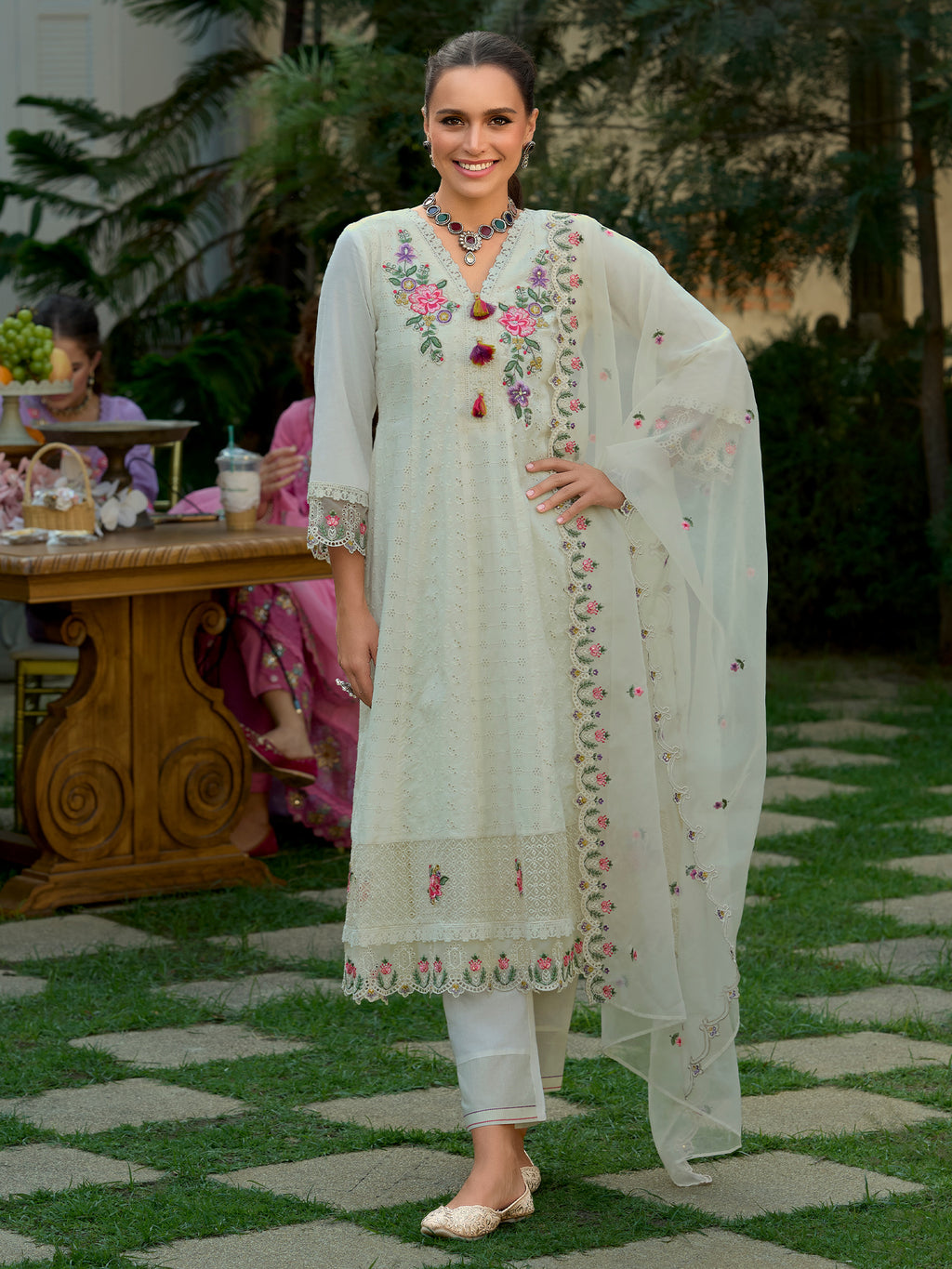 Indo Era Off White Embroidered Anarkali Kurta Trousers With Dupatta Set- IE