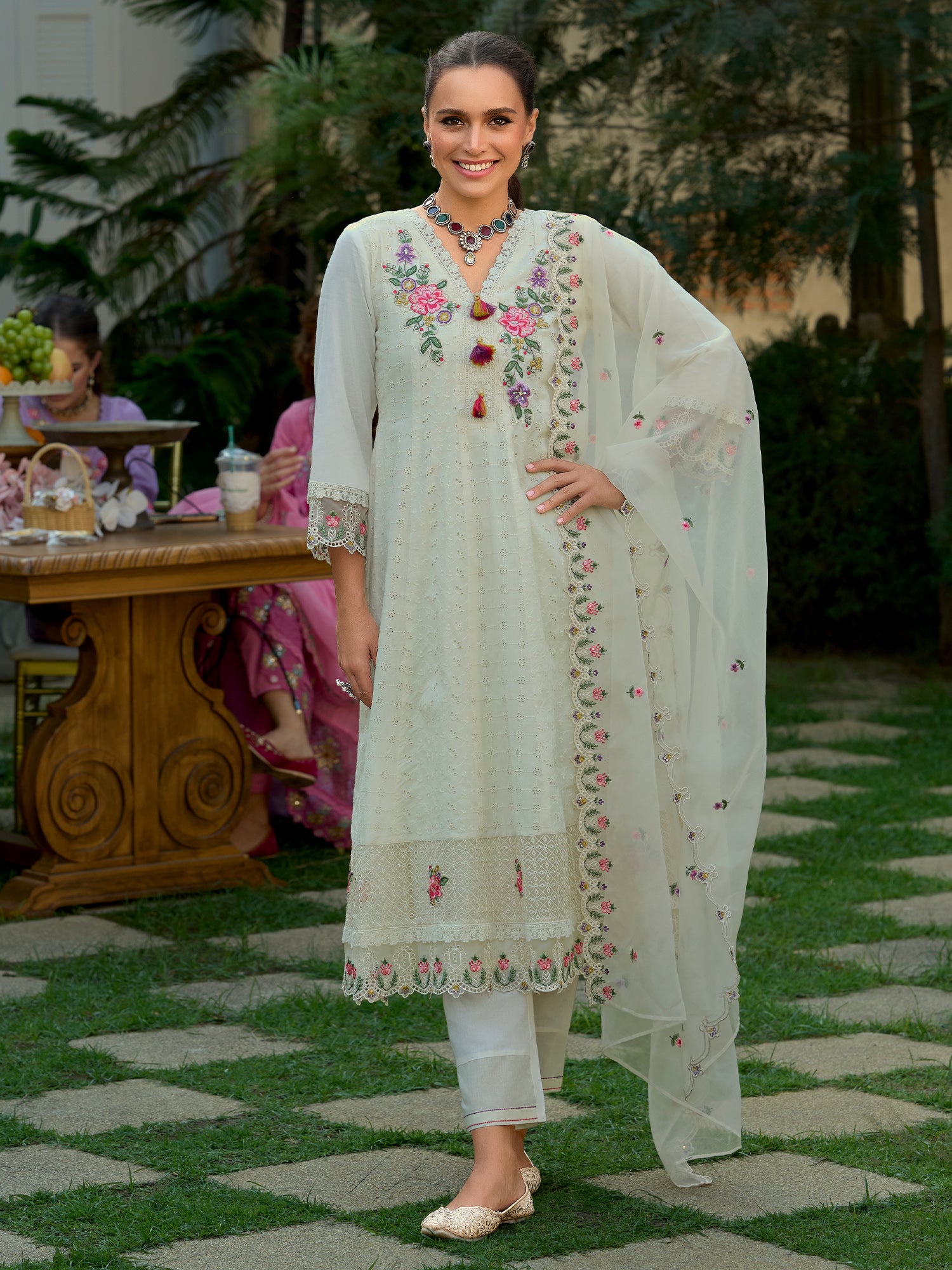 Indo Era Off White Embroidered Anarkali Kurta Trousers With Dupatta Set- IE