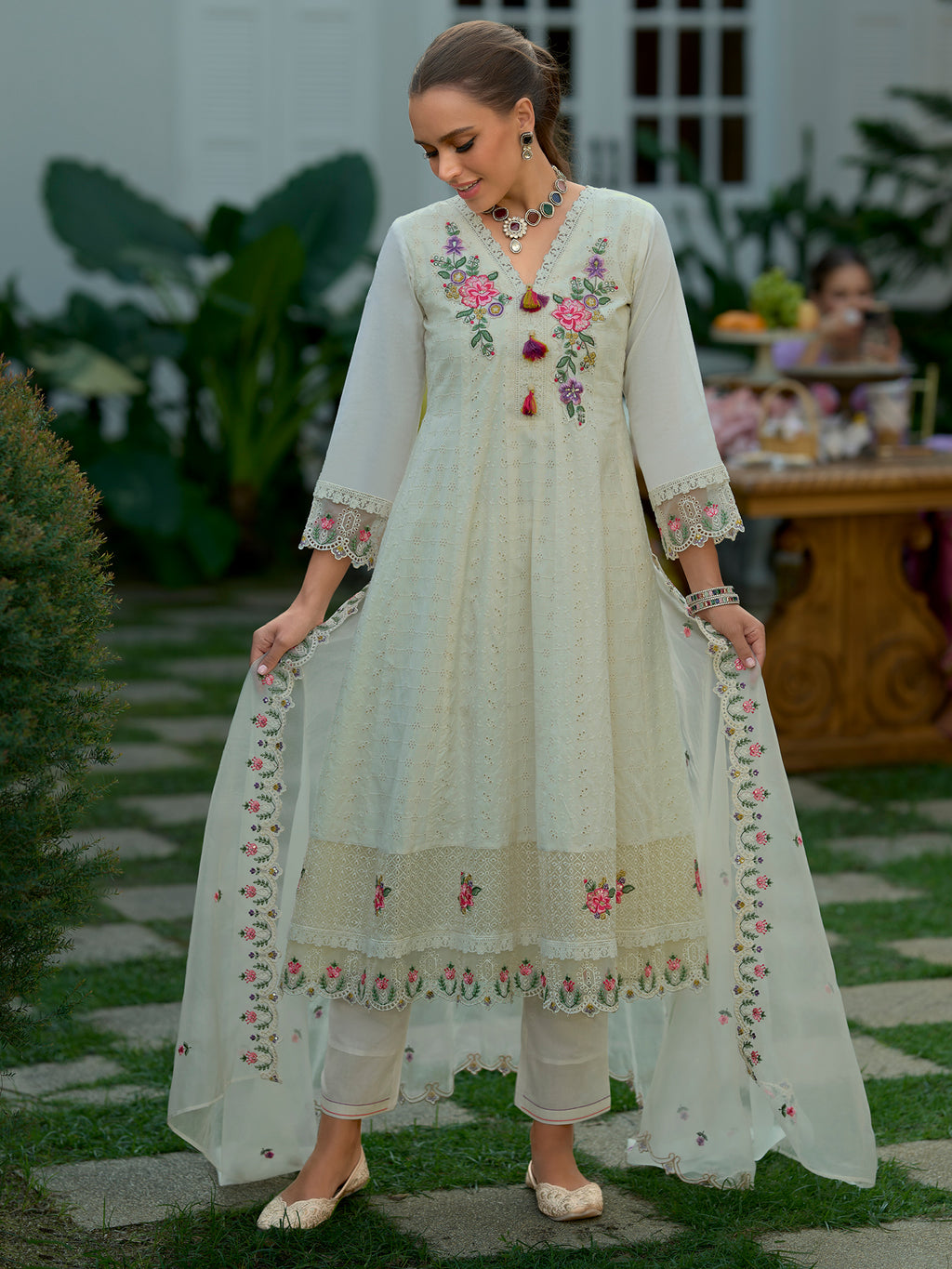 Indo Era Off White Embroidered Anarkali Kurta Trousers With Dupatta Set- IE