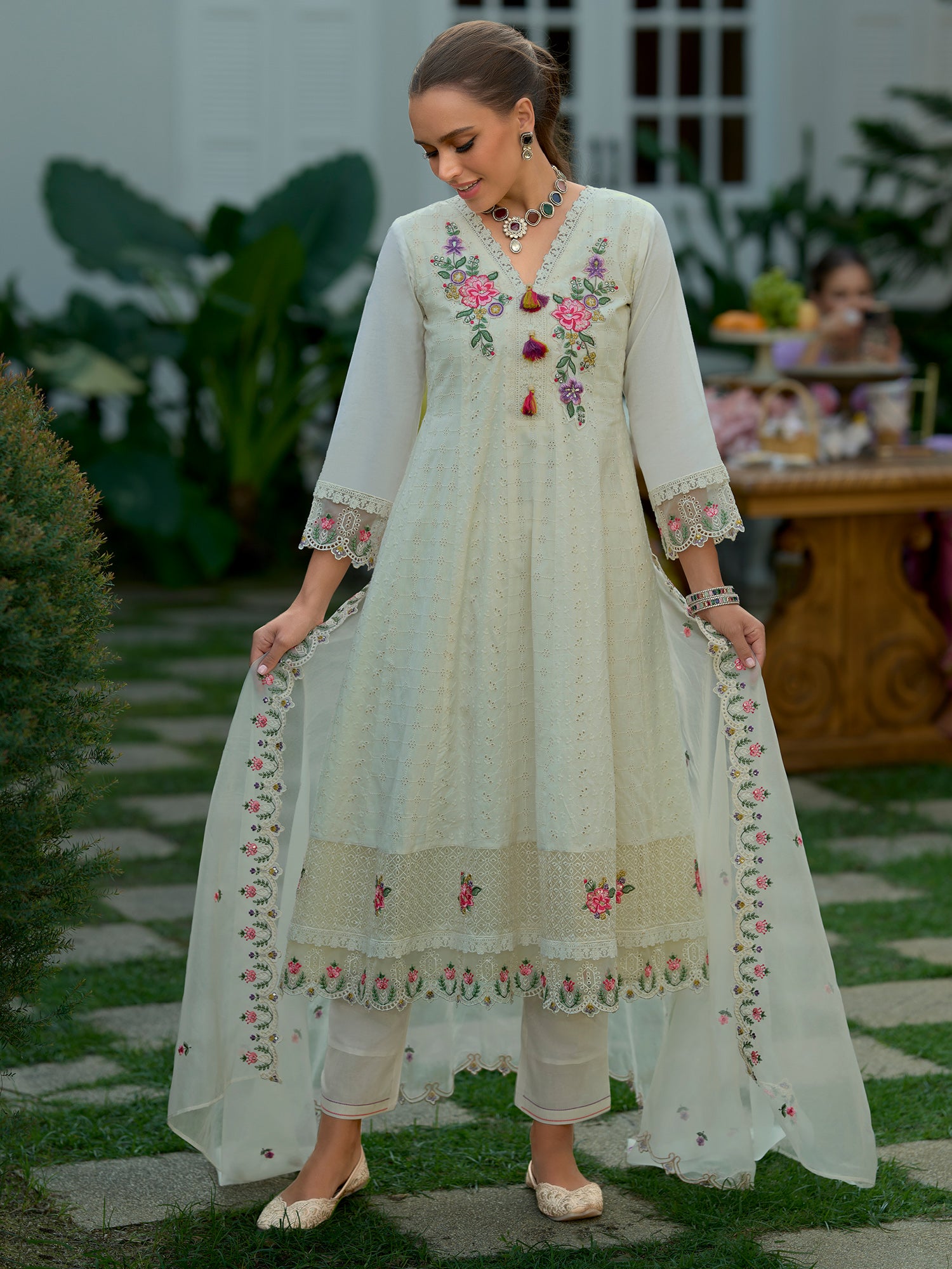 Indo Era Off White Embroidered Anarkali Kurta Trousers With Dupatta Set- IE